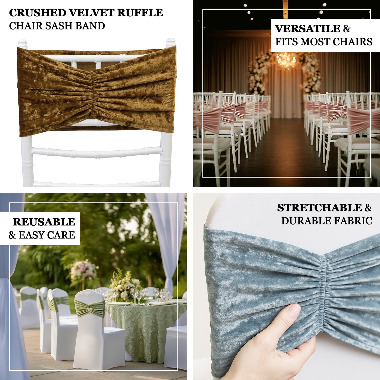 Champagne crushed velvet chair sashes for elegant event decor.