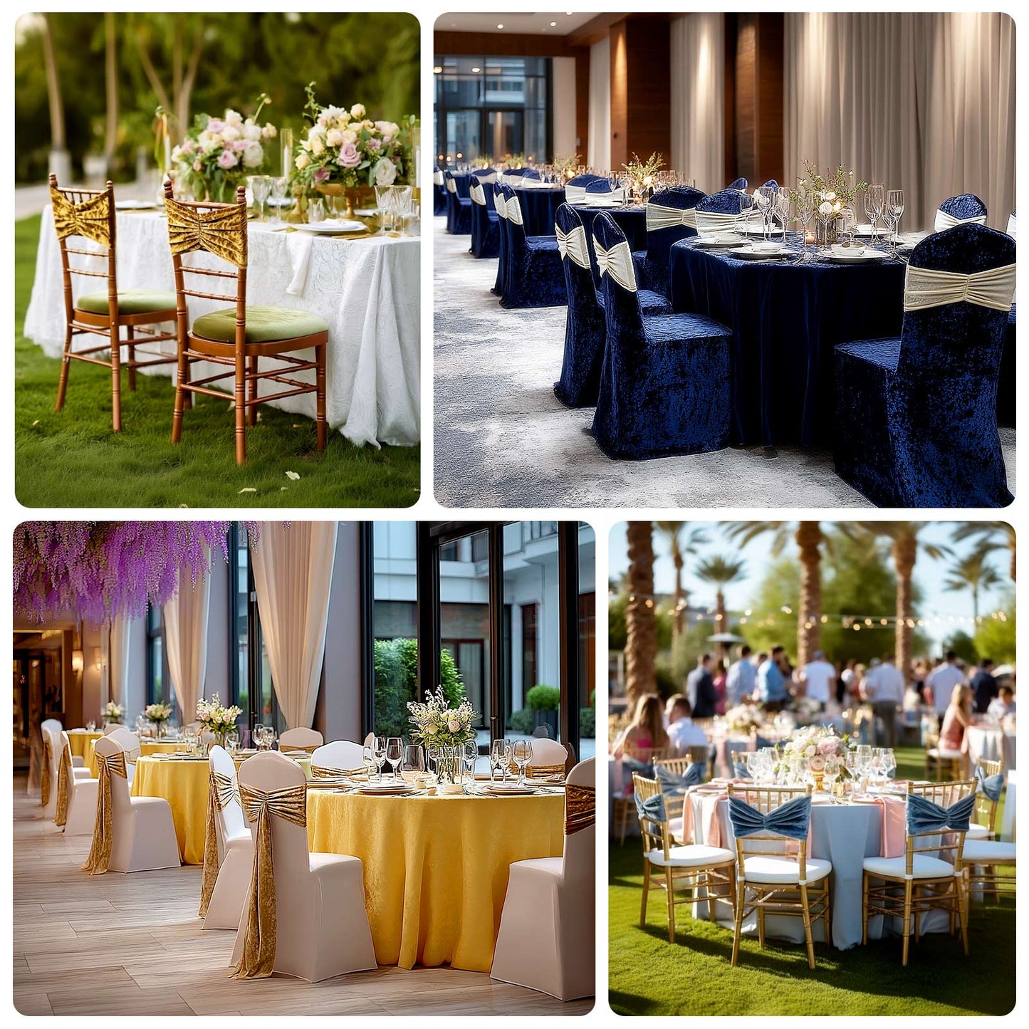 Sage green crushed velvet chair sashes add elegance to event decor.