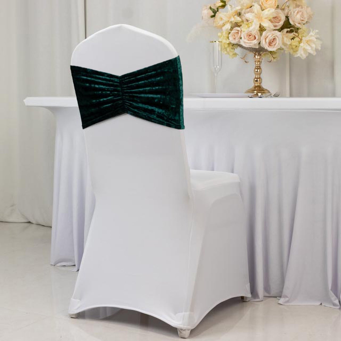 5 Pack Crushed Velvet Chair Bands Hunter Emerald Green Wide Ruffle Style - Textured Chair Sashes for Stunning Event Decor - 8"x15"