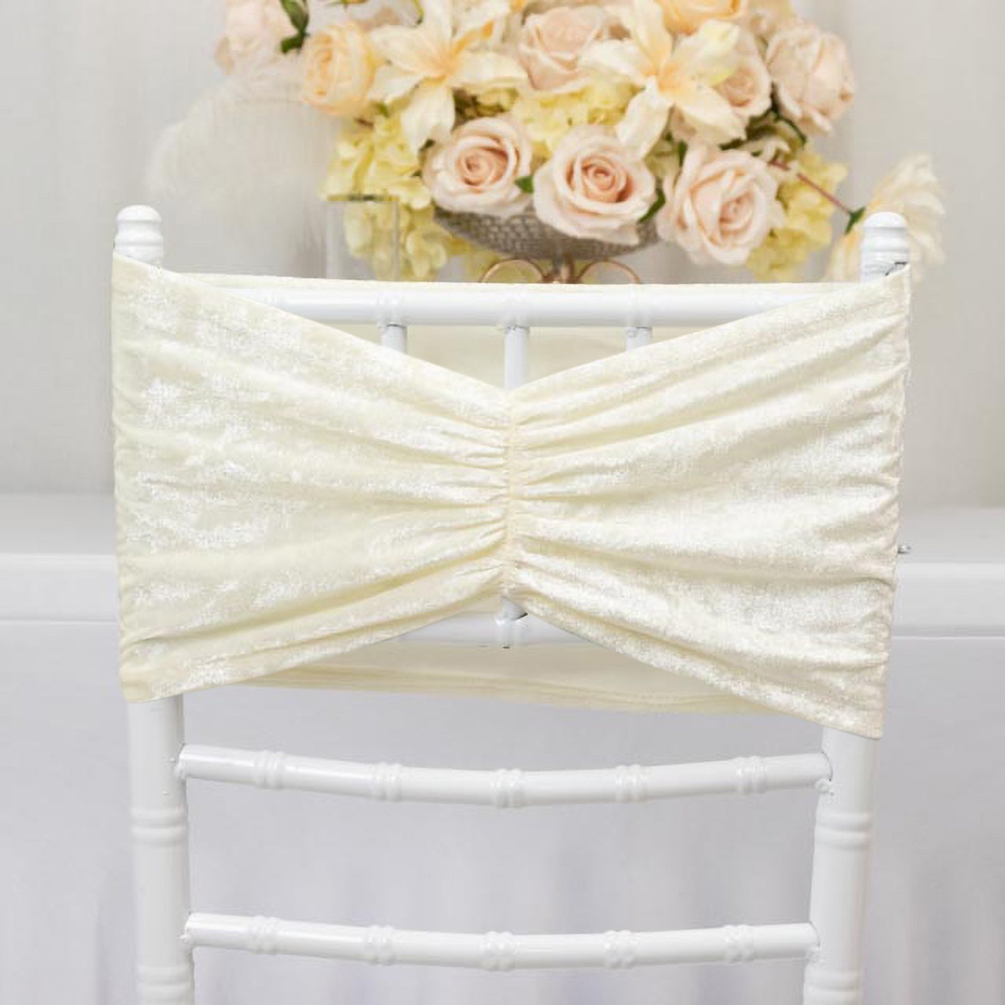 5 Pack Crushed Velvet Chair Bands Ivory Wide Ruffle Style - Textured Chair Sashes for Stunning Event Decor - 8"x15"