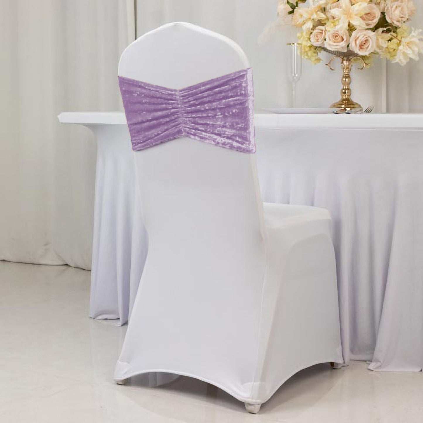5 Pack Crushed Velvet Chair Bands Lavender Lilac Wide Ruffle Style - Textured Chair Sashes for Stunn