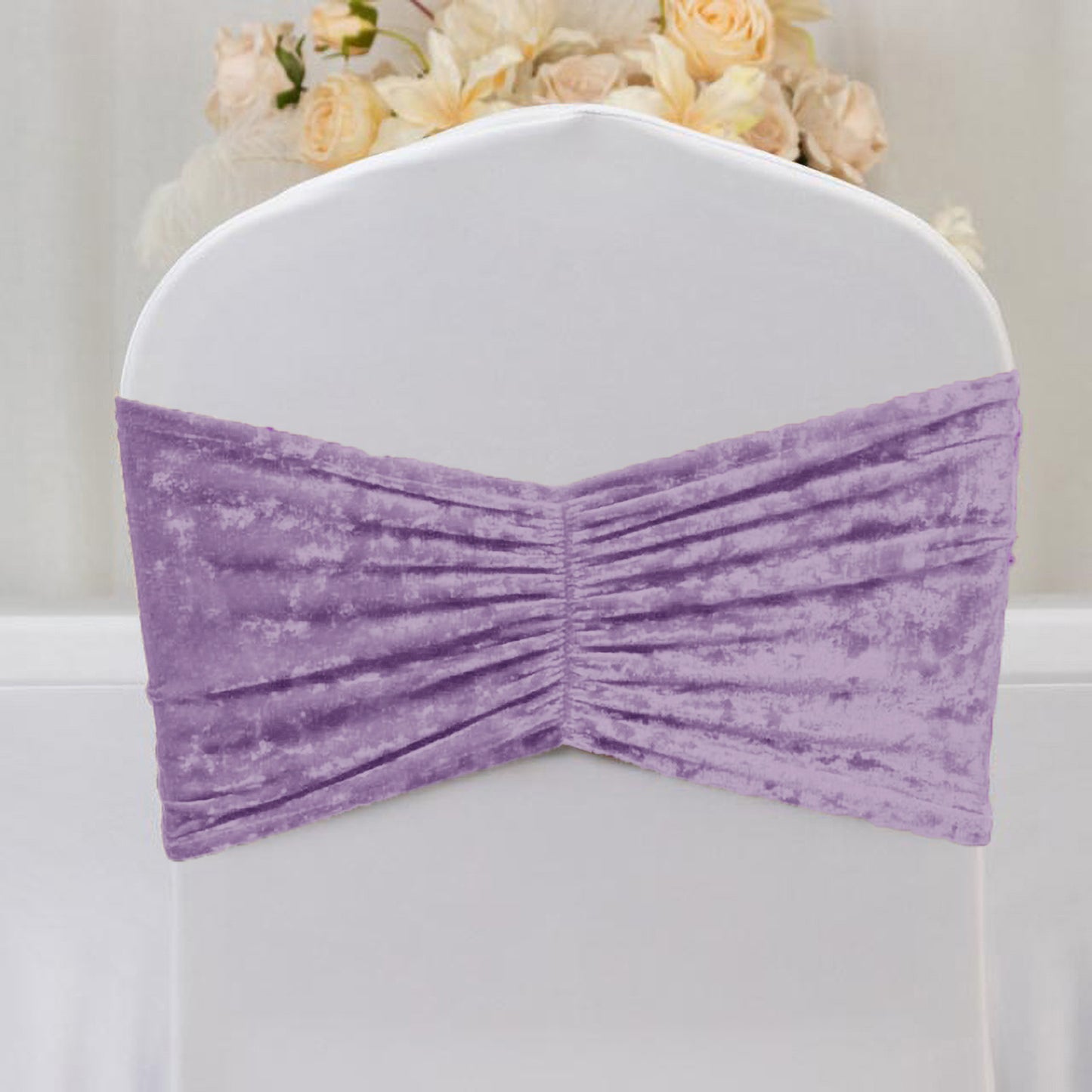 5 Pack Crushed Velvet Chair Bands Lavender Lilac Wide Ruffle Style - Textured Chair Sashes for Stunn