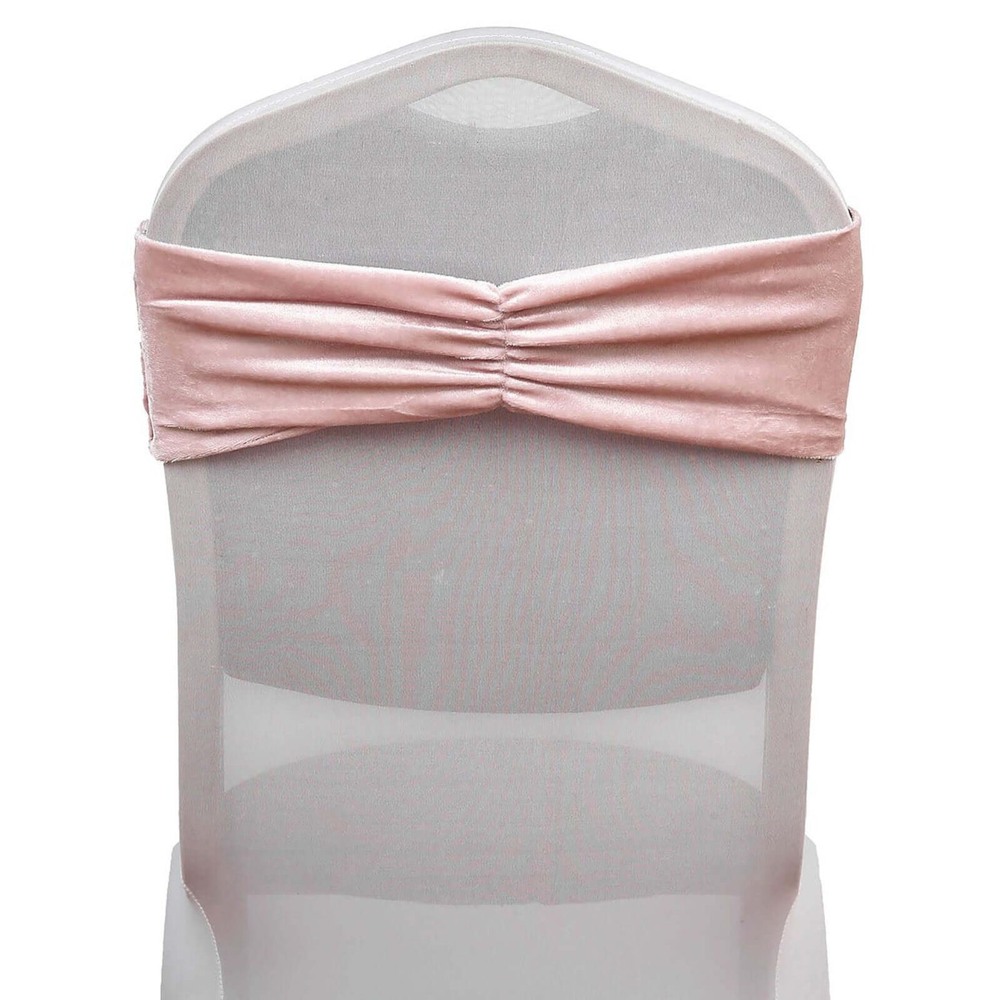 Blush velvet ruffle stretch chair sash on a transparent chair. #whtbkgd