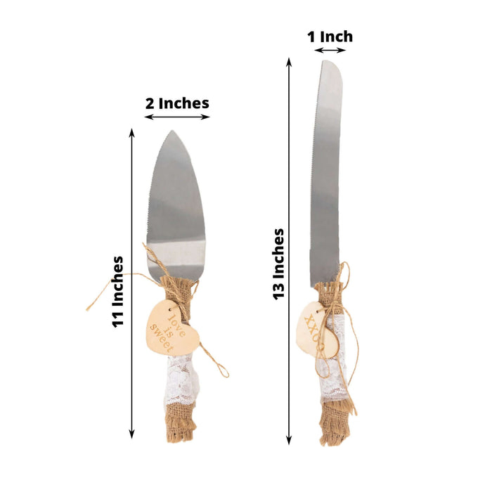 Natural Rustic Burlap Lace Wedding Cake Knife Server Souvenir Set, Stainless Steel Gift Server Set Pre-Packed with White Gift Box and Heart Tags