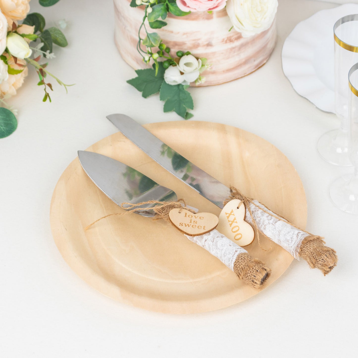 Natural Rustic Burlap Lace Wedding Cake Knife Server Souvenir Set, Stainless Steel Gift Server Set Pre-Packed with White Gift Box and Heart Tags