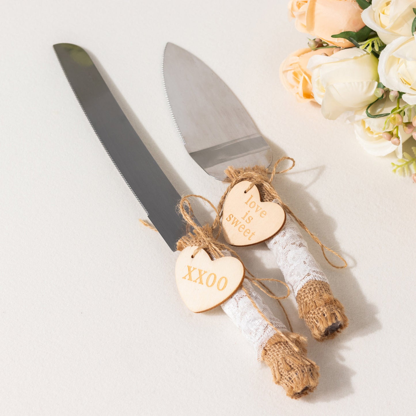 Natural Rustic Burlap Lace Wedding Cake Knife Server Souvenir Set, Stainless Steel Gift Server Set Pre-Packed with White Gift Box and Heart Tags
