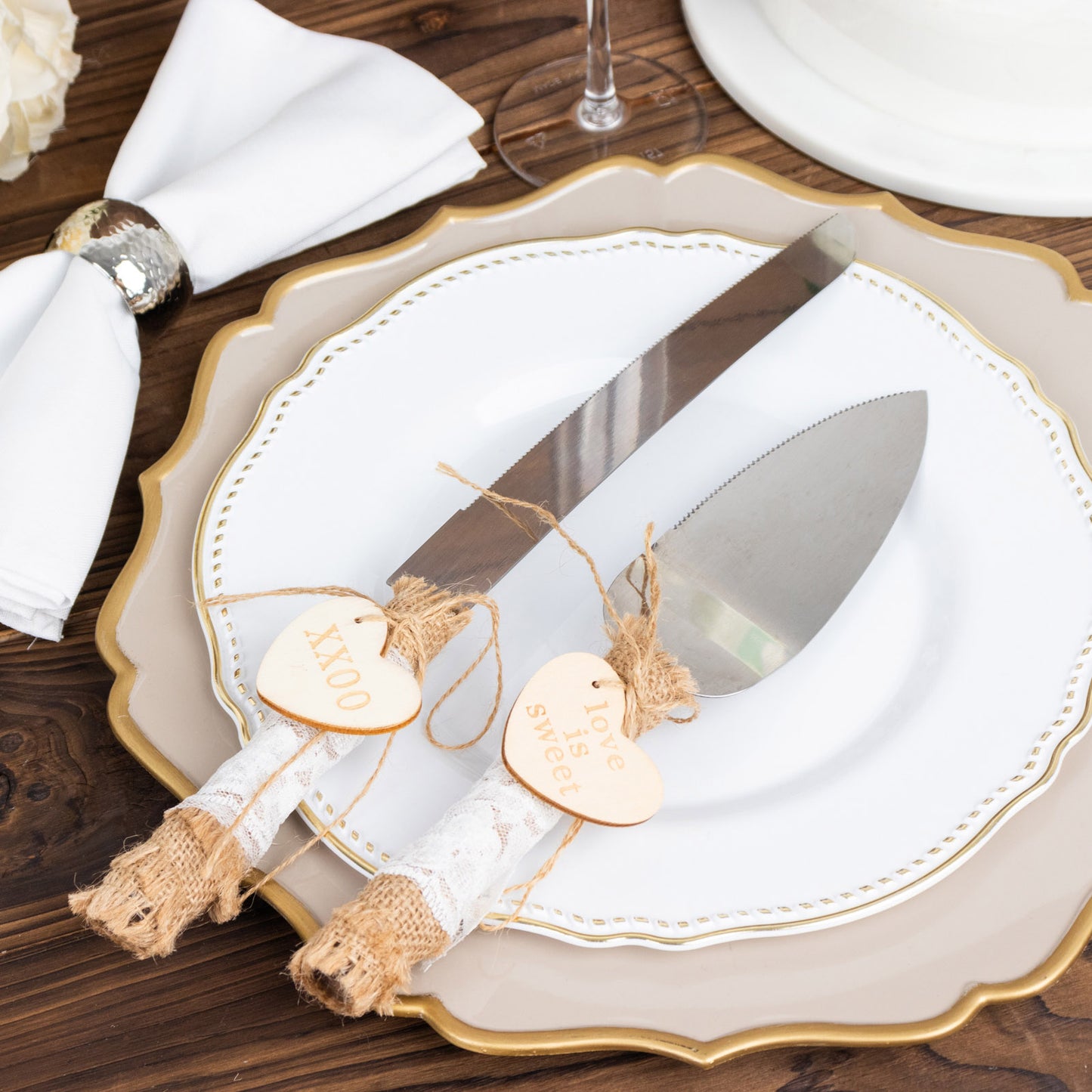 Natural Rustic Burlap Lace Wedding Cake Knife Server Souvenir Set, Stainless Steel Gift Server Set Pre-Packed with White Gift Box and Heart Tags