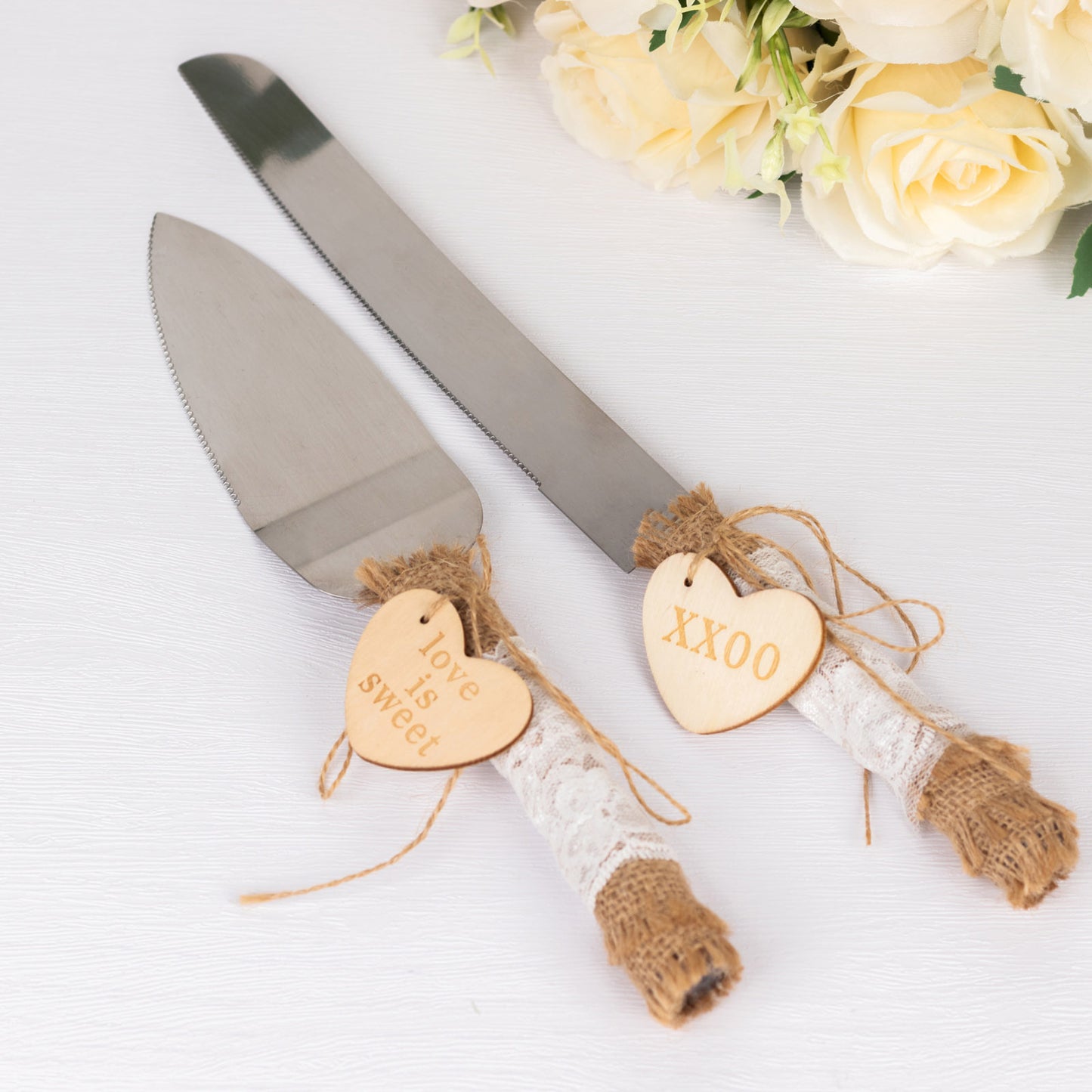 Natural Rustic Burlap Lace Wedding Cake Knife Server Souvenir Set, Stainless Steel Gift Server Set Pre-Packed with White Gift Box and Heart Tags