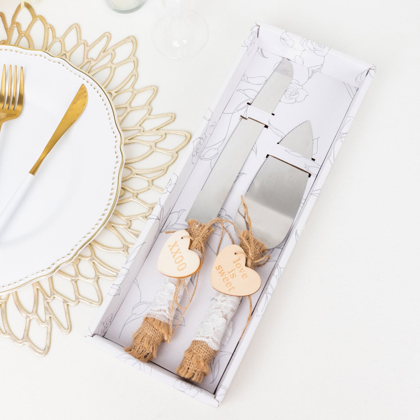Natural Rustic Burlap Lace Wedding Cake Knife Server Souvenir Set, Stainless Steel Gift Server Set Pre-Packed with White Gift Box and Heart Tags