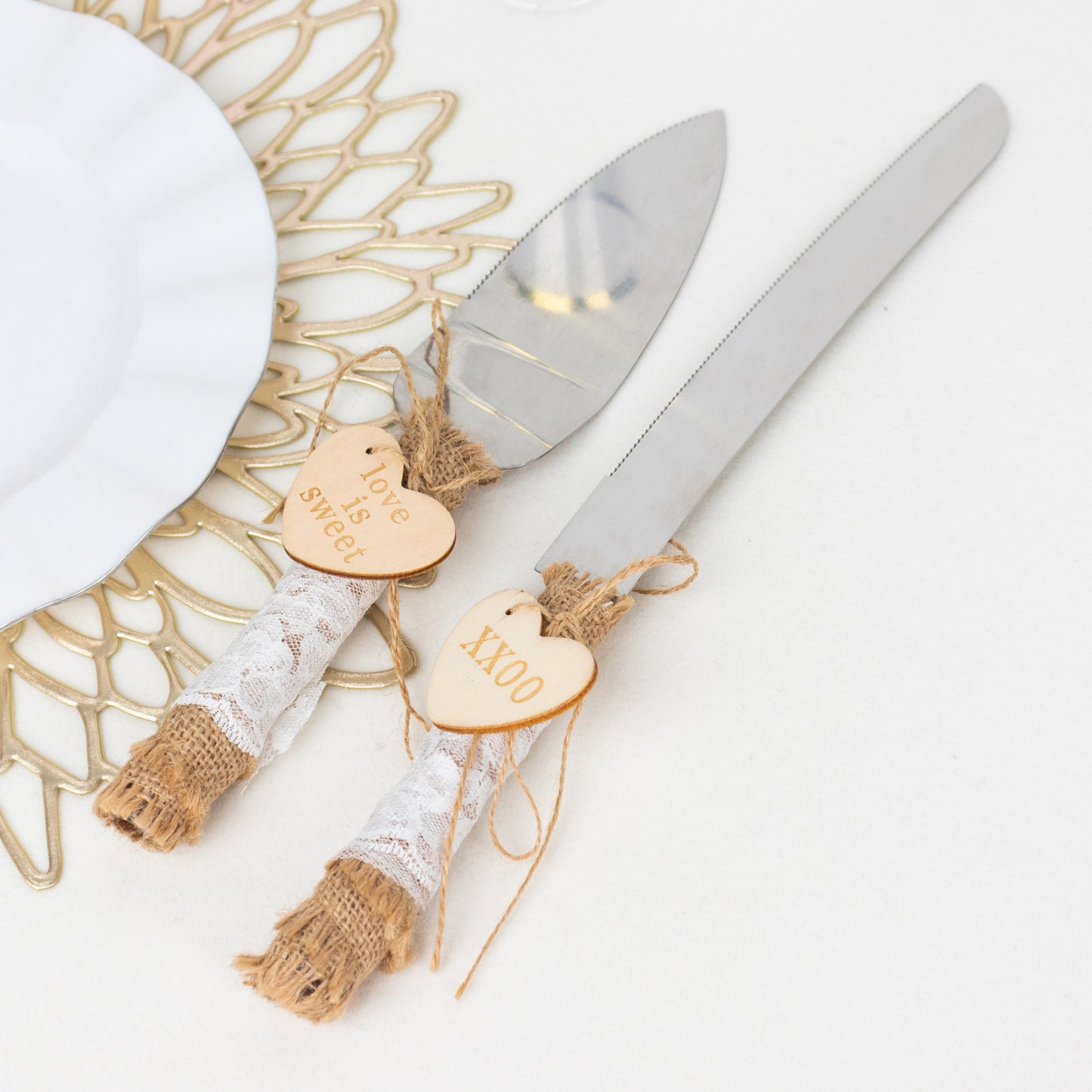 Natural Rustic Burlap Lace Wedding Cake Knife Server Souvenir Set, Stainless Steel Gift Server Set Pre-Packed with White Gift Box and Heart Tags
