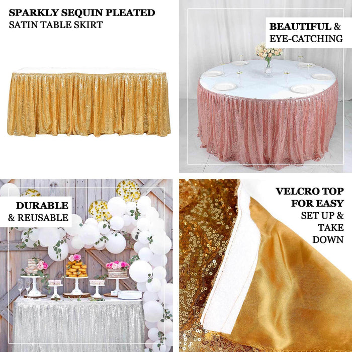 Sparkly gold sequin pleated satin table skirt with velcro top strip.