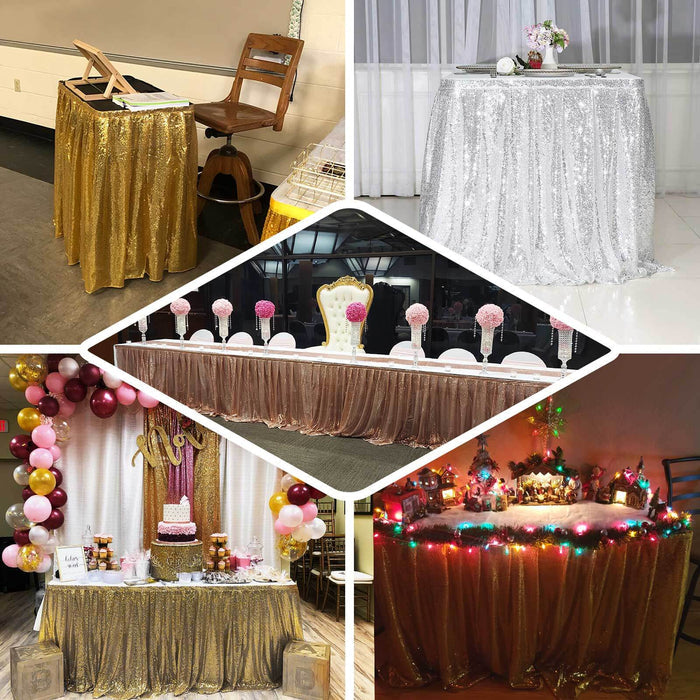 Sparkly silver sequin pleated satin table skirt with top Velcro strip.