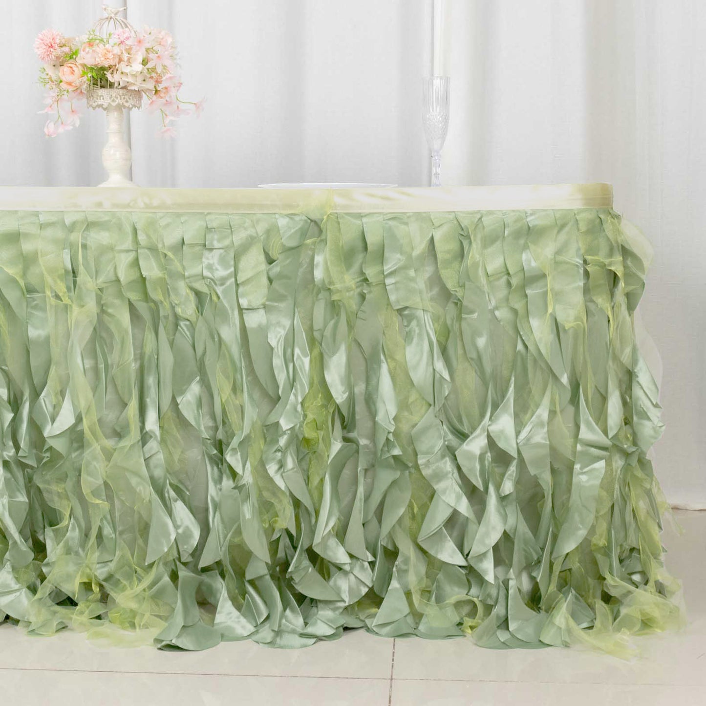 14ft Sage Green Curly Willow Taffeta Table Skirt