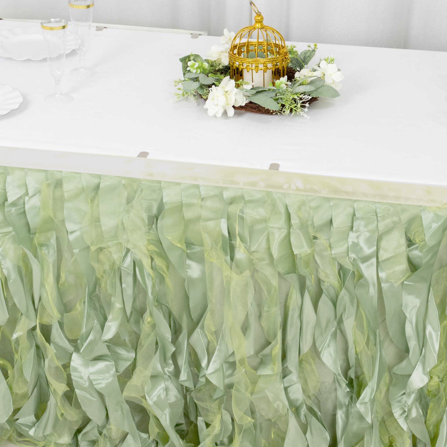 14ft Sage Green Curly Willow Taffeta Table Skirt