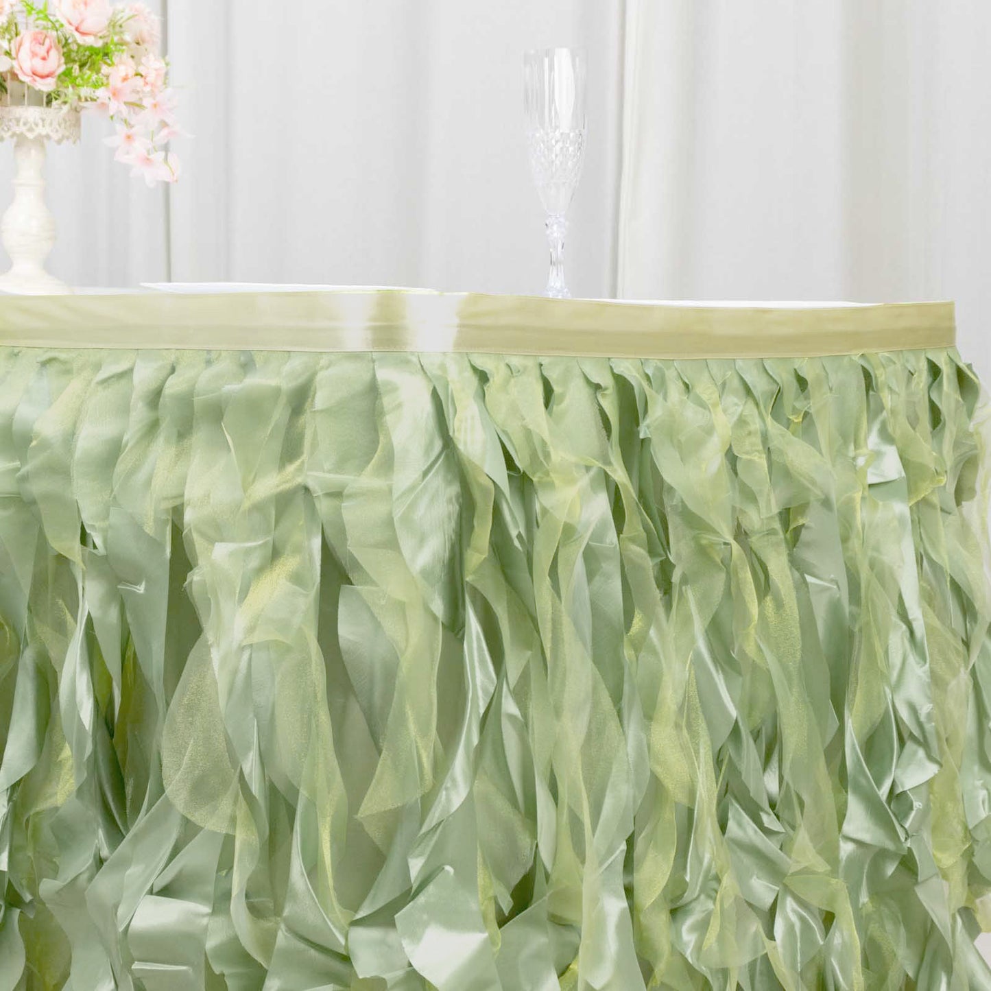 14ft Sage Green Curly Willow Taffeta Table Skirt