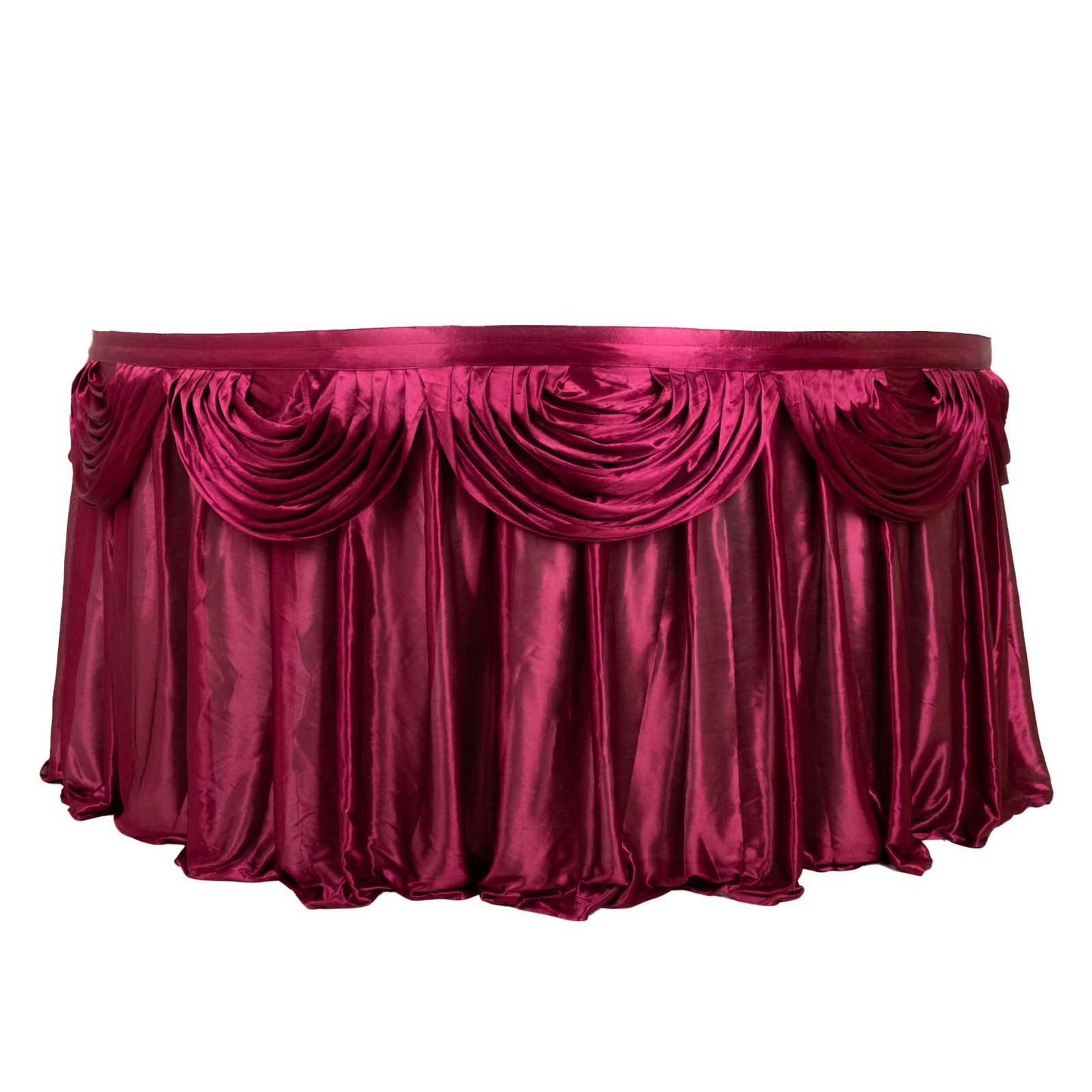 Burgundy pleated satin table skirt draped elegantly for events.
