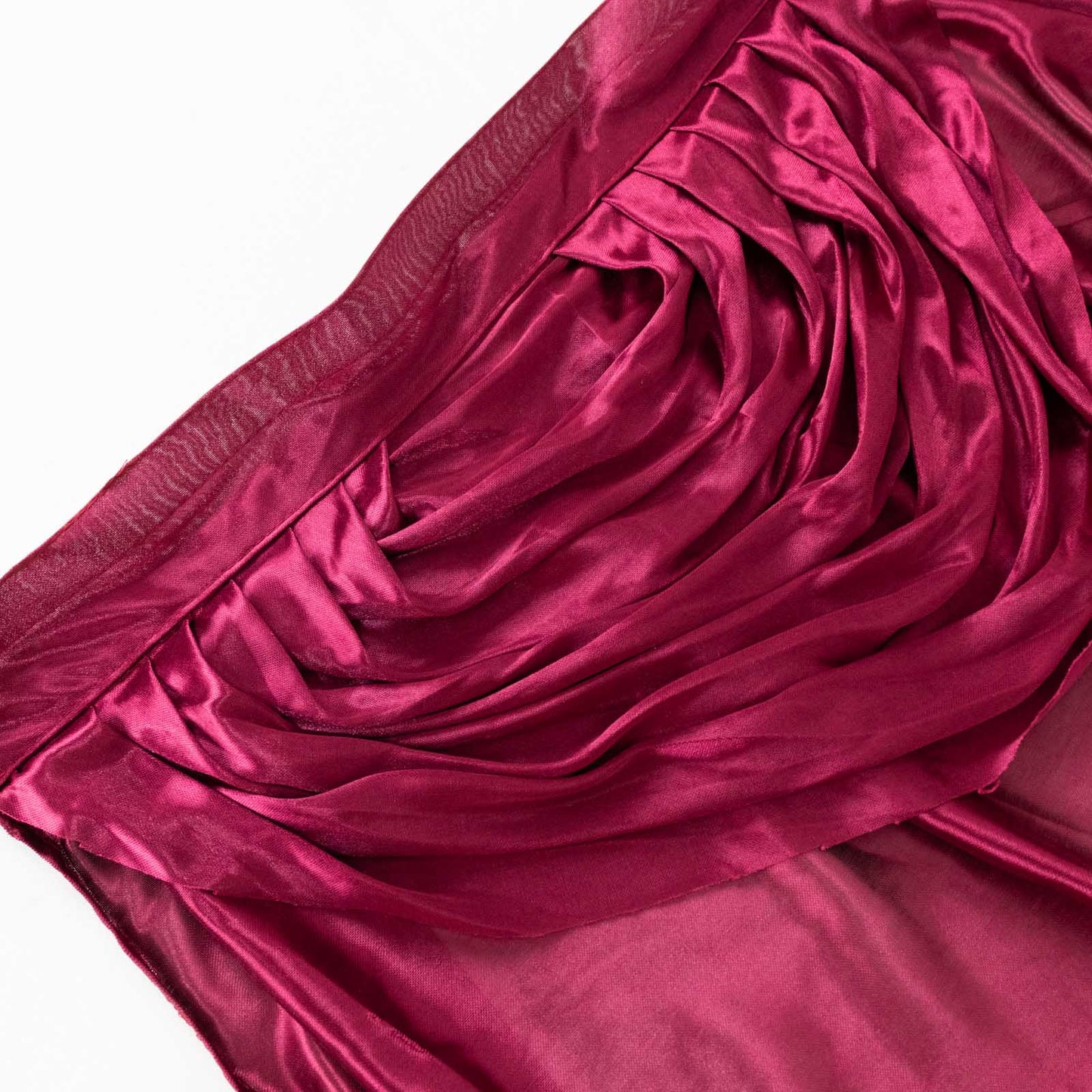 Burgundy pleated satin double drape table skirt.