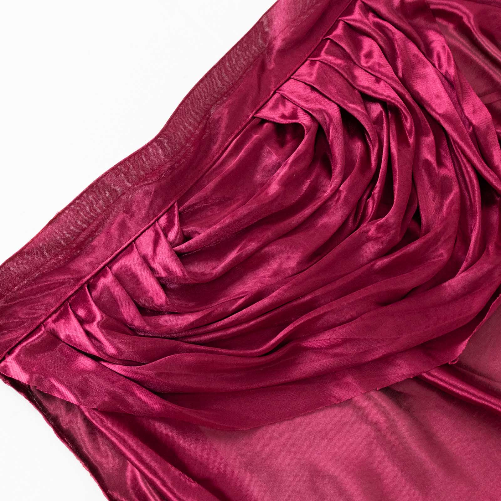 Burgundy pleated satin double drape table skirt.