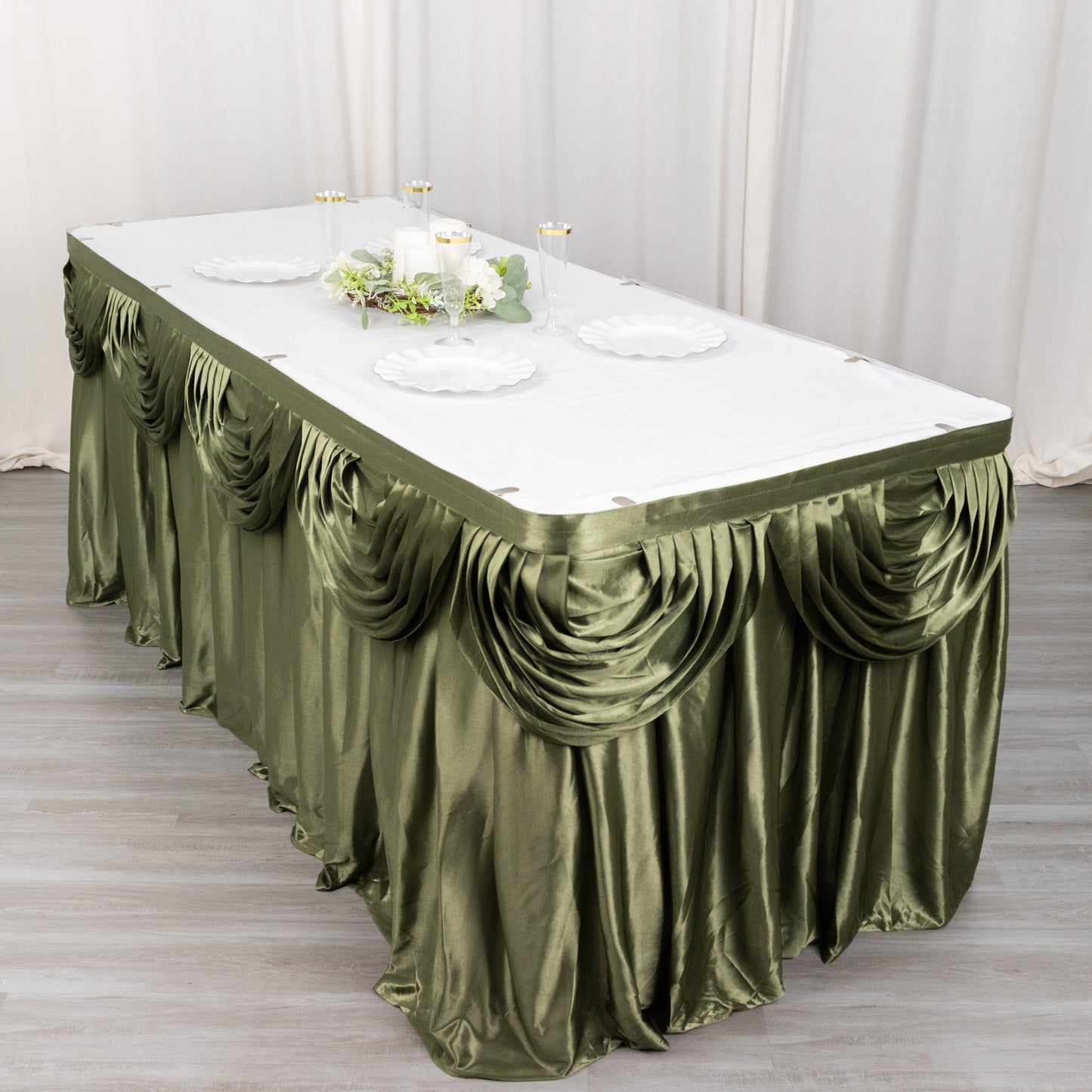 14ft Dusty Sage Green Pleated Satin Double Drape Table Skirt