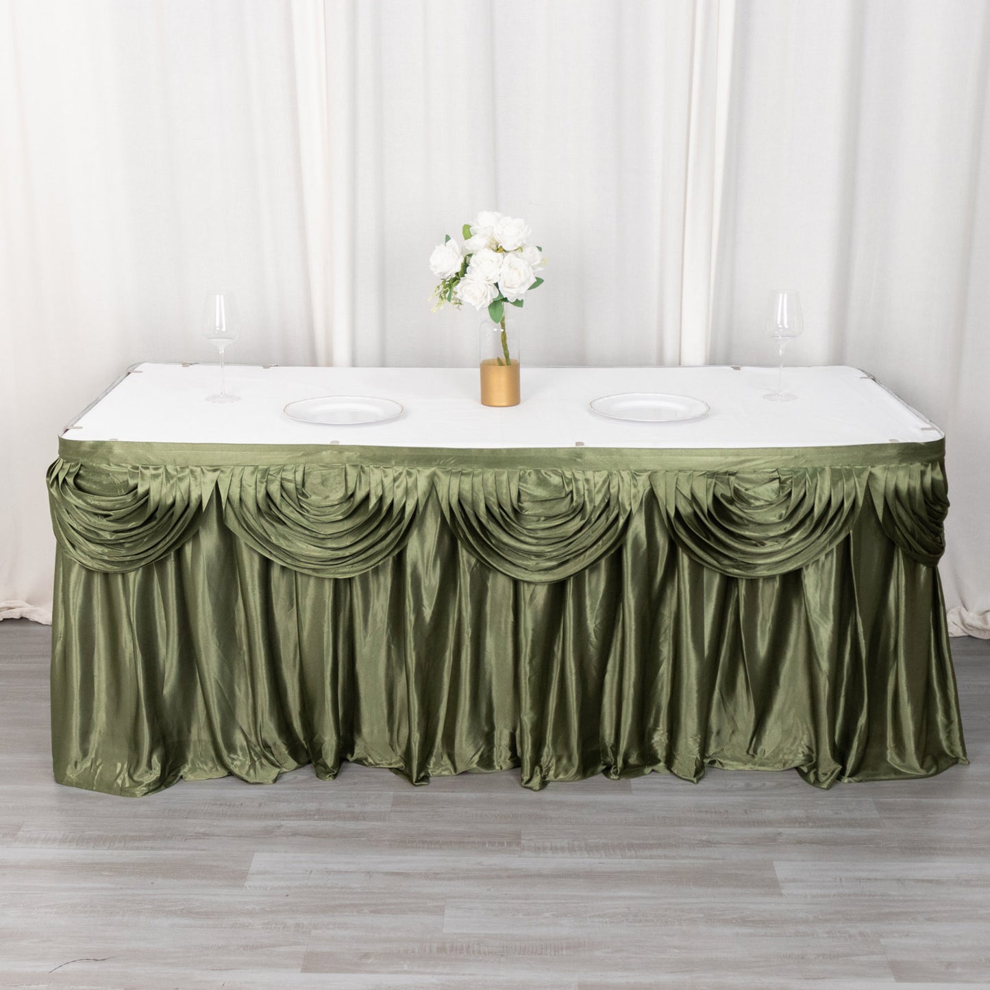 14ft Dusty Sage Green Pleated Satin Double Drape Table Skirt