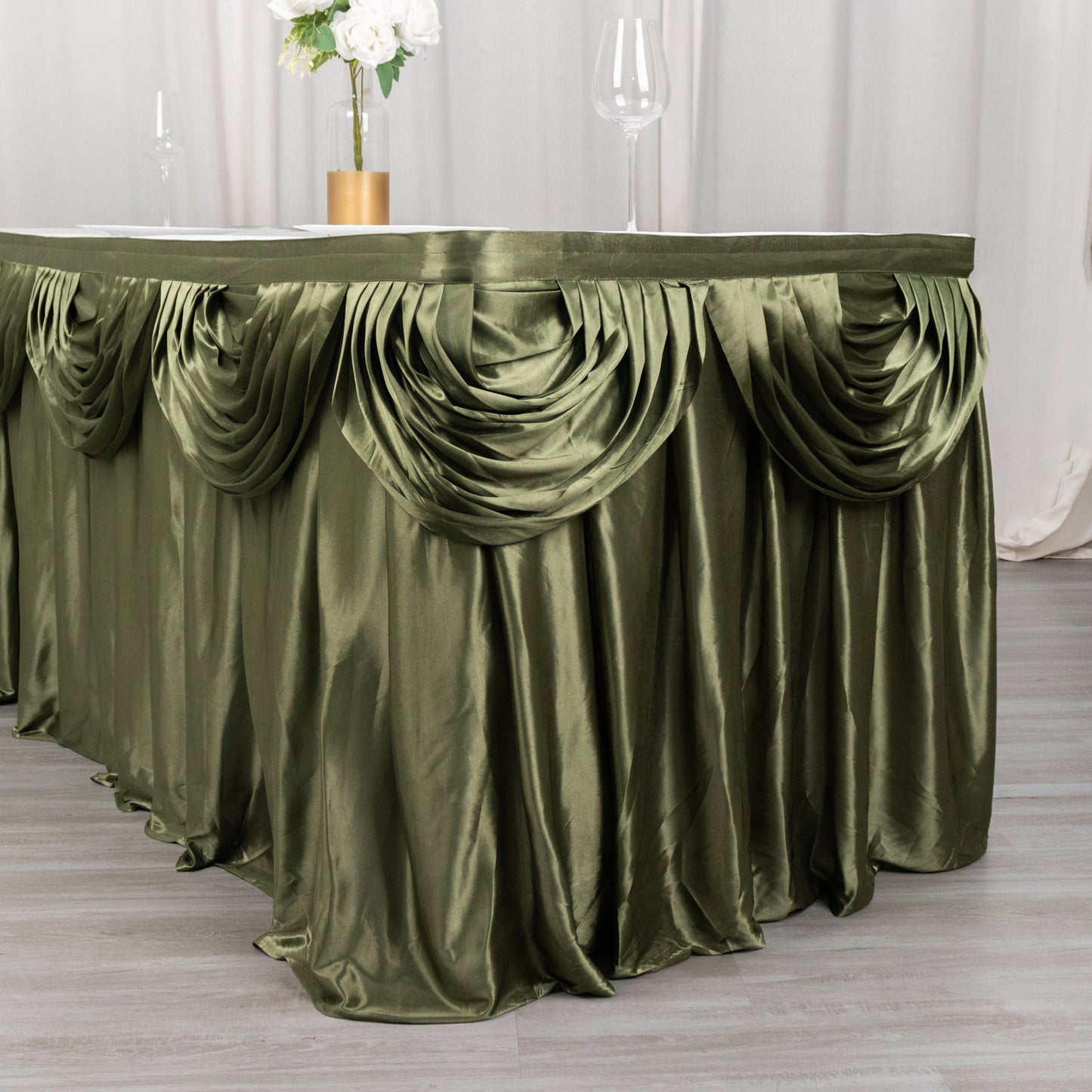 14ft Dusty Sage Green Pleated Satin Double Drape Table Skirt