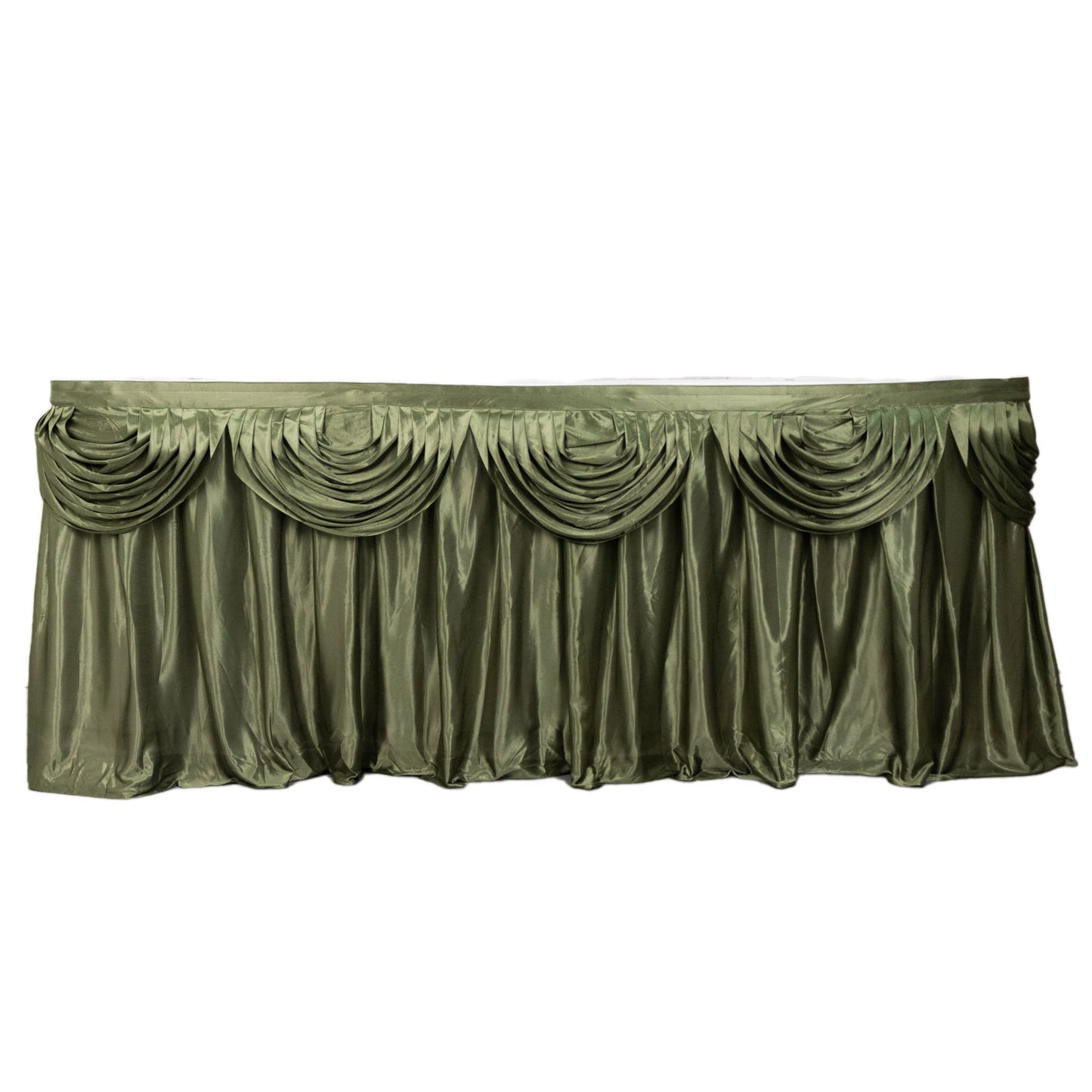 14ft Dusty Sage Green Pleated Satin Double Drape Table Skirt