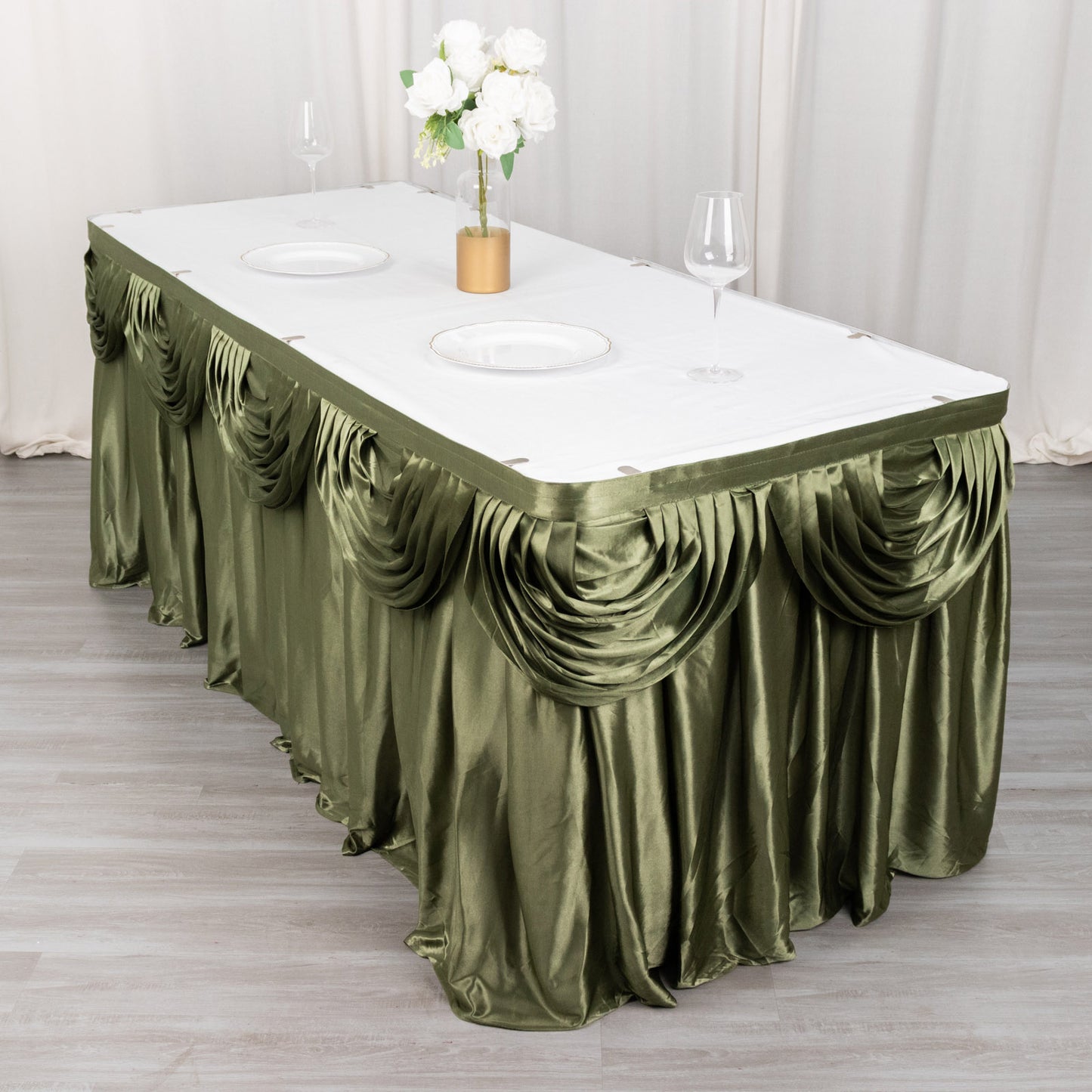 14ft Dusty Sage Green Pleated Satin Double Drape Table Skirt