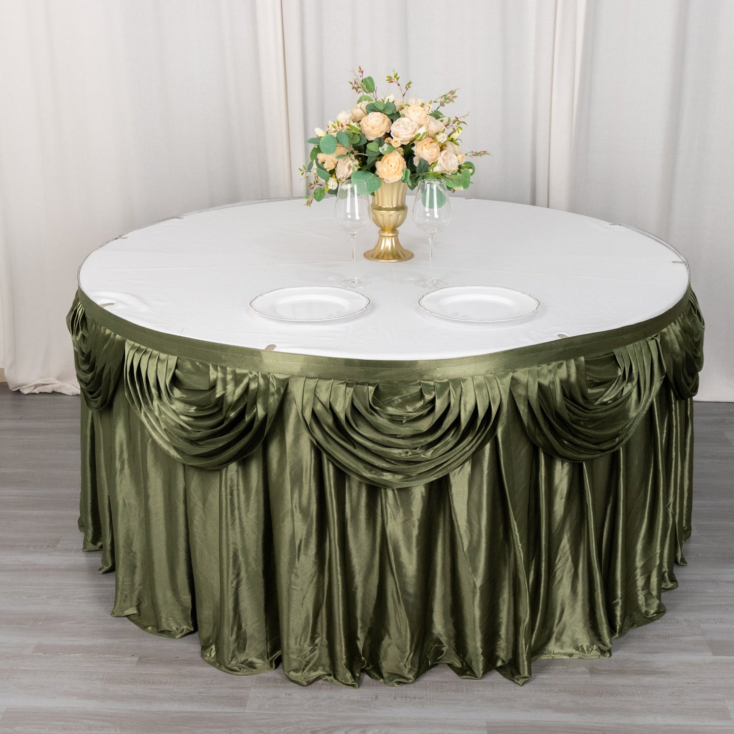 14ft Dusty Sage Green Pleated Satin Double Drape Table Skirt