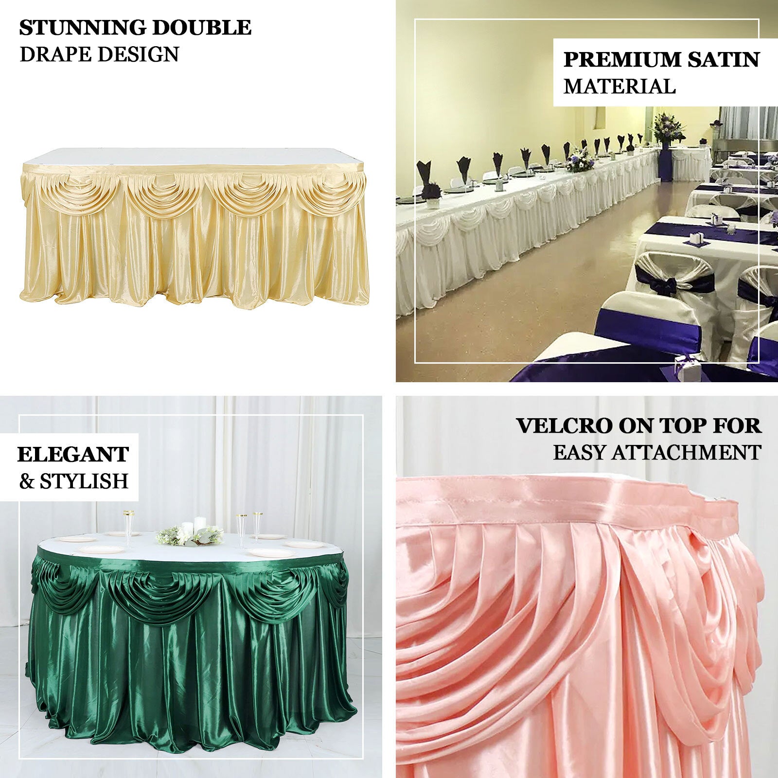 Burgundy pleated satin table skirt showcasing elegant drape design.