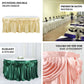 Ivory pleated satin double drape table skirt for elegant event styling.