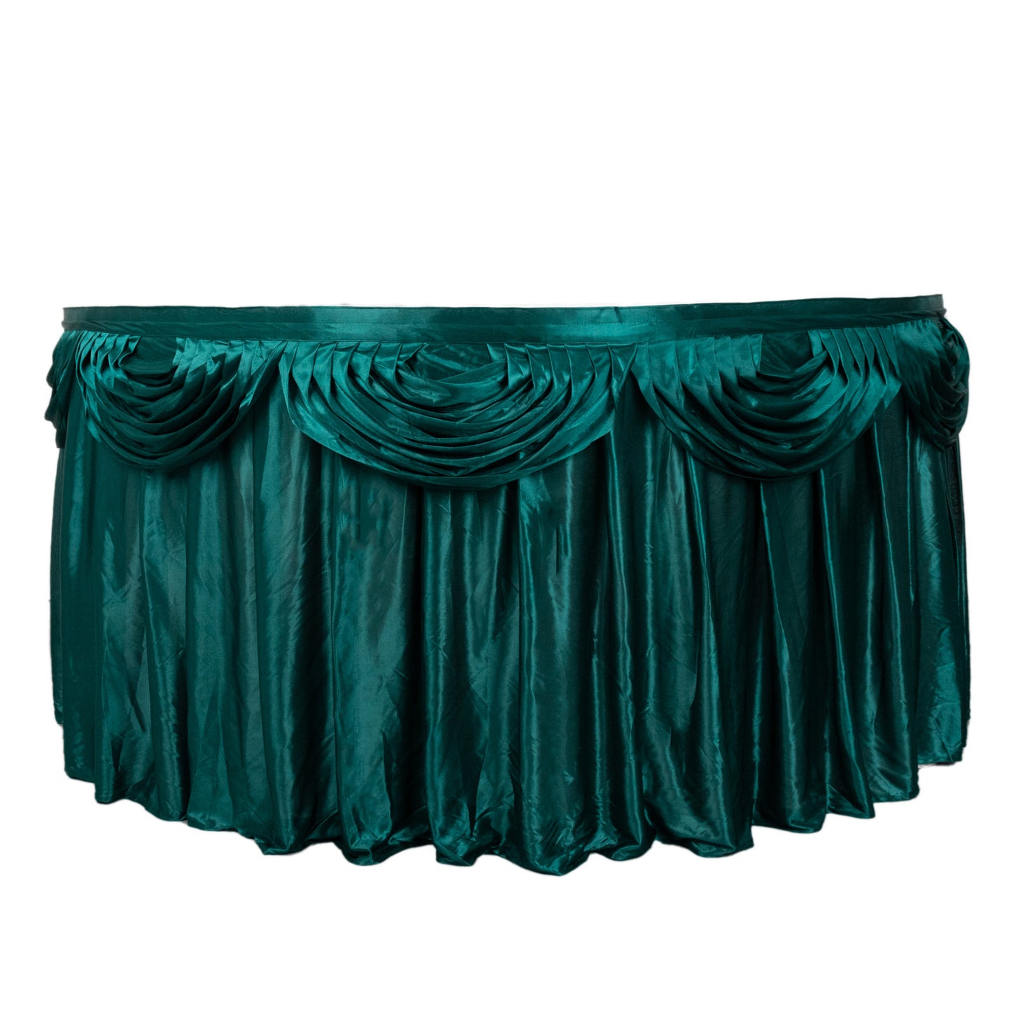 14ft Peacock Teal Pleated Satin Double Drape Table Skirt