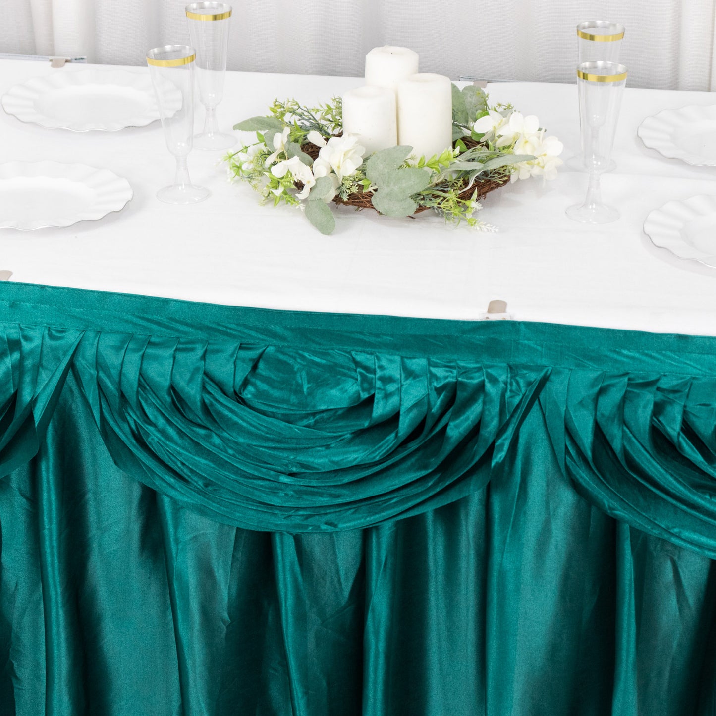 14ft Peacock Teal Pleated Satin Double Drape Table Skirt