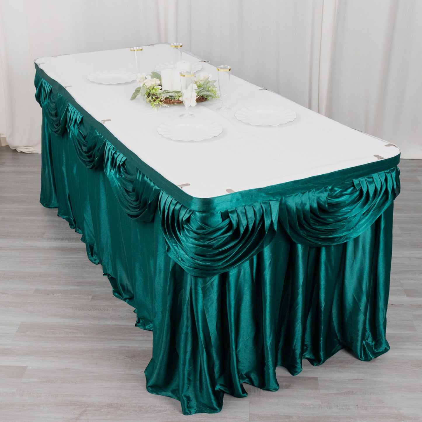 14ft Peacock Teal Pleated Satin Double Drape Table Skirt