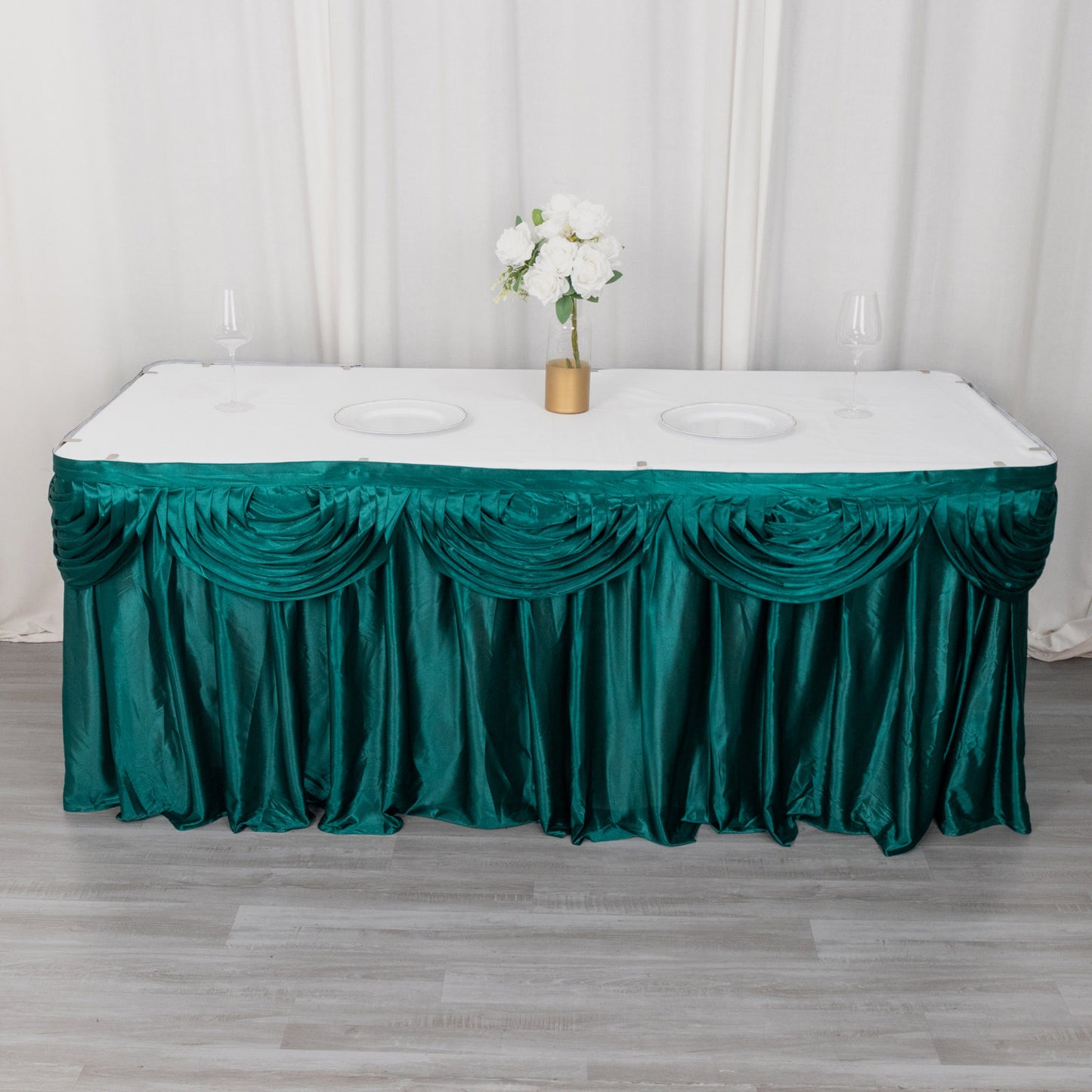 14ft Peacock Teal Pleated Satin Double Drape Table Skirt