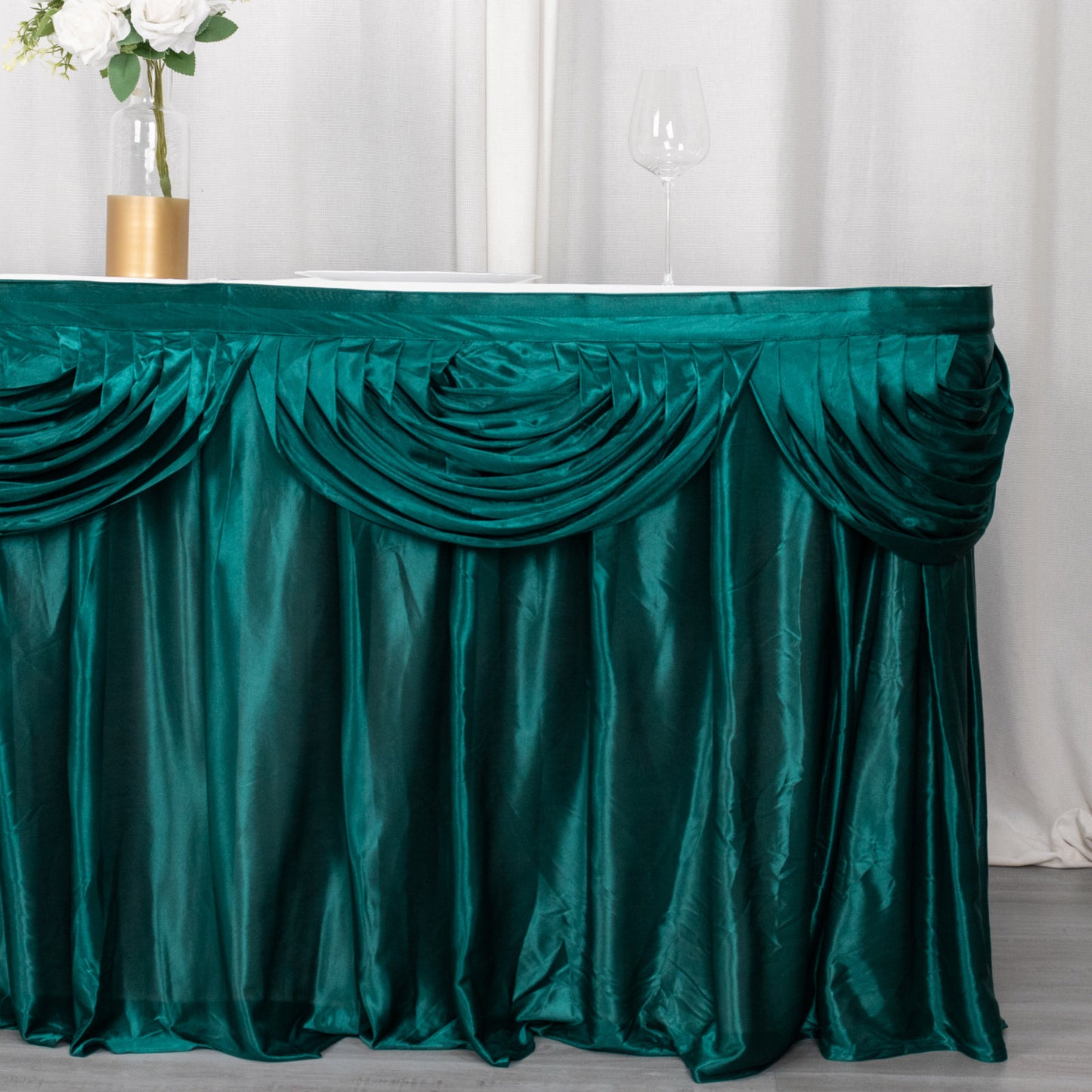 14ft Peacock Teal Pleated Satin Double Drape Table Skirt