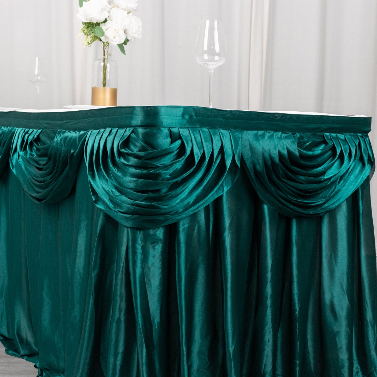 14ft Peacock Teal Pleated Satin Double Drape Table Skirt