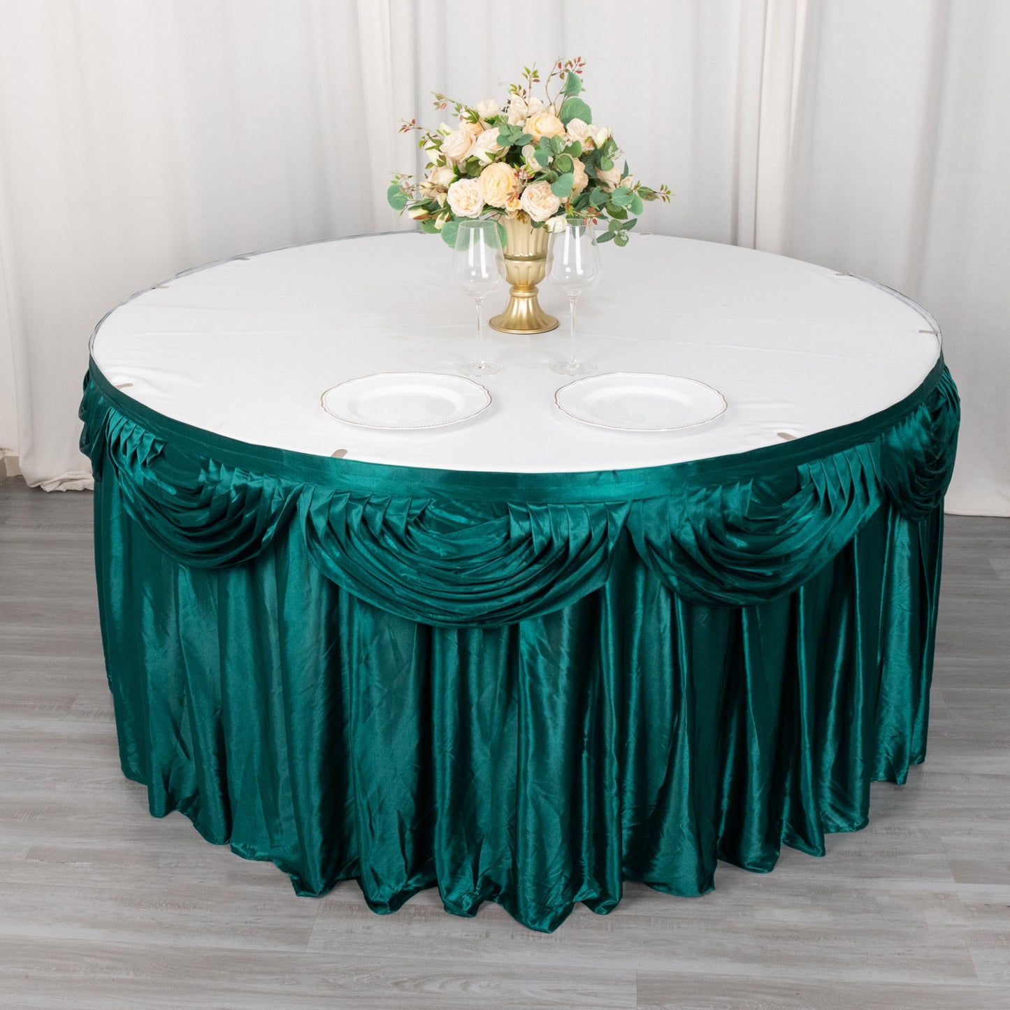 14ft Peacock Teal Pleated Satin Double Drape Table Skirt