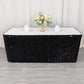 Black sequin table skirt for elegant event decor, 21ft long.