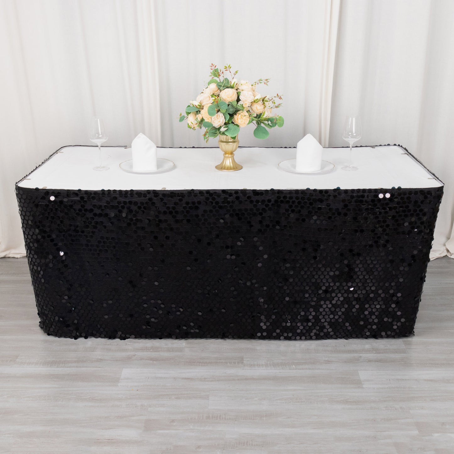 21ft Black Big Payette Sequin Dual Layered Satin Table Skirt