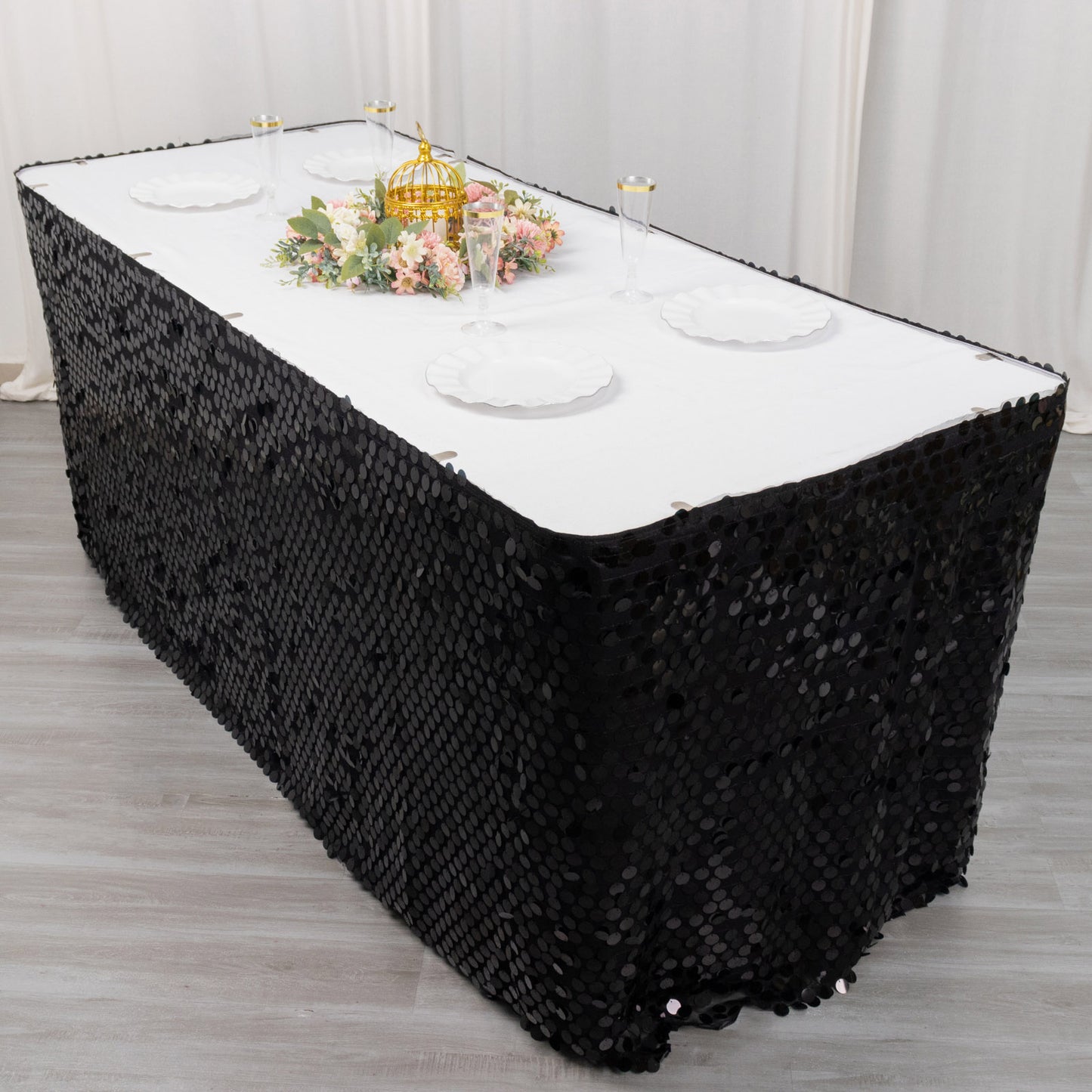 21ft Black Big Payette Sequin Dual Layered Satin Table Skirt