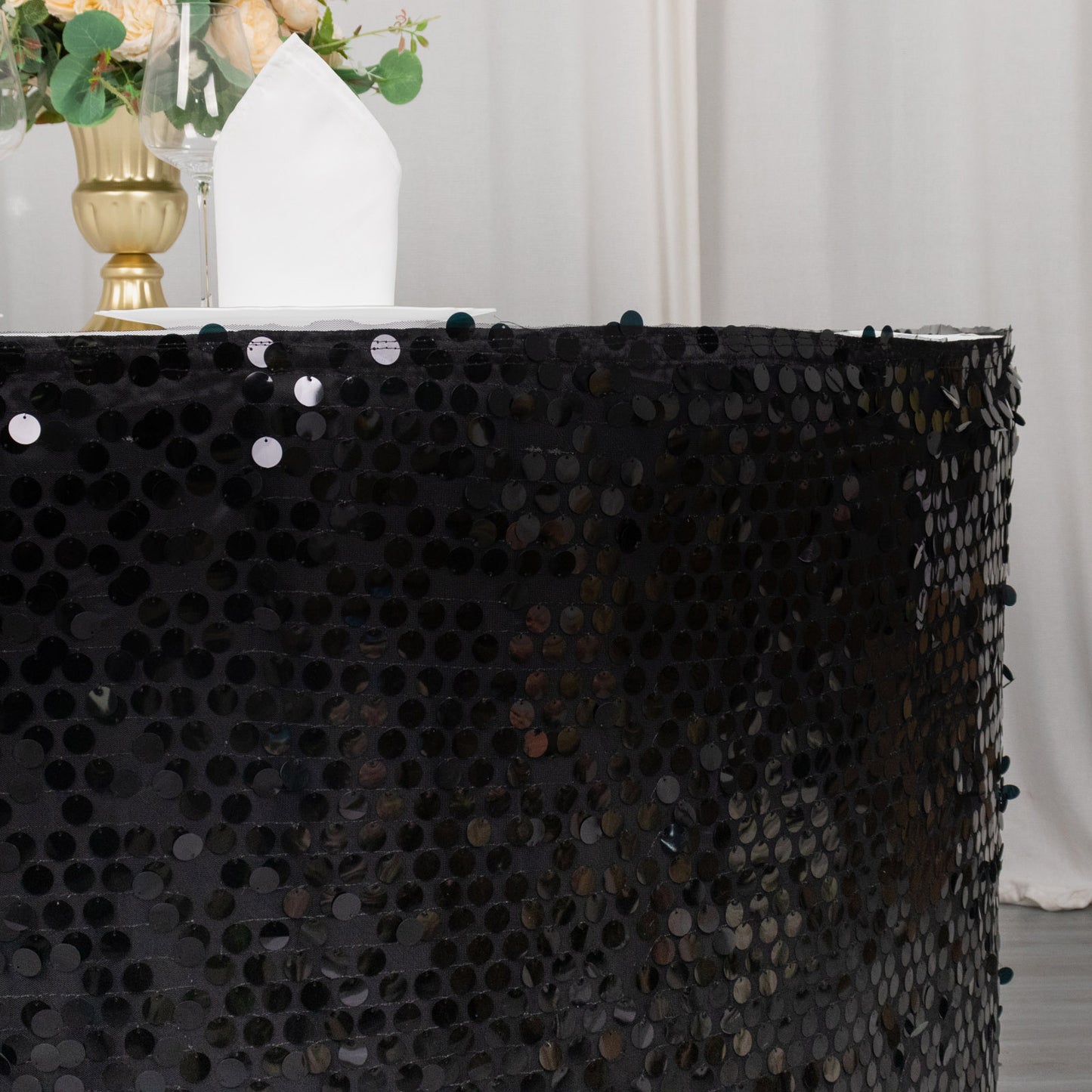 21ft Black Big Payette Sequin Dual Layered Satin Table Skirt