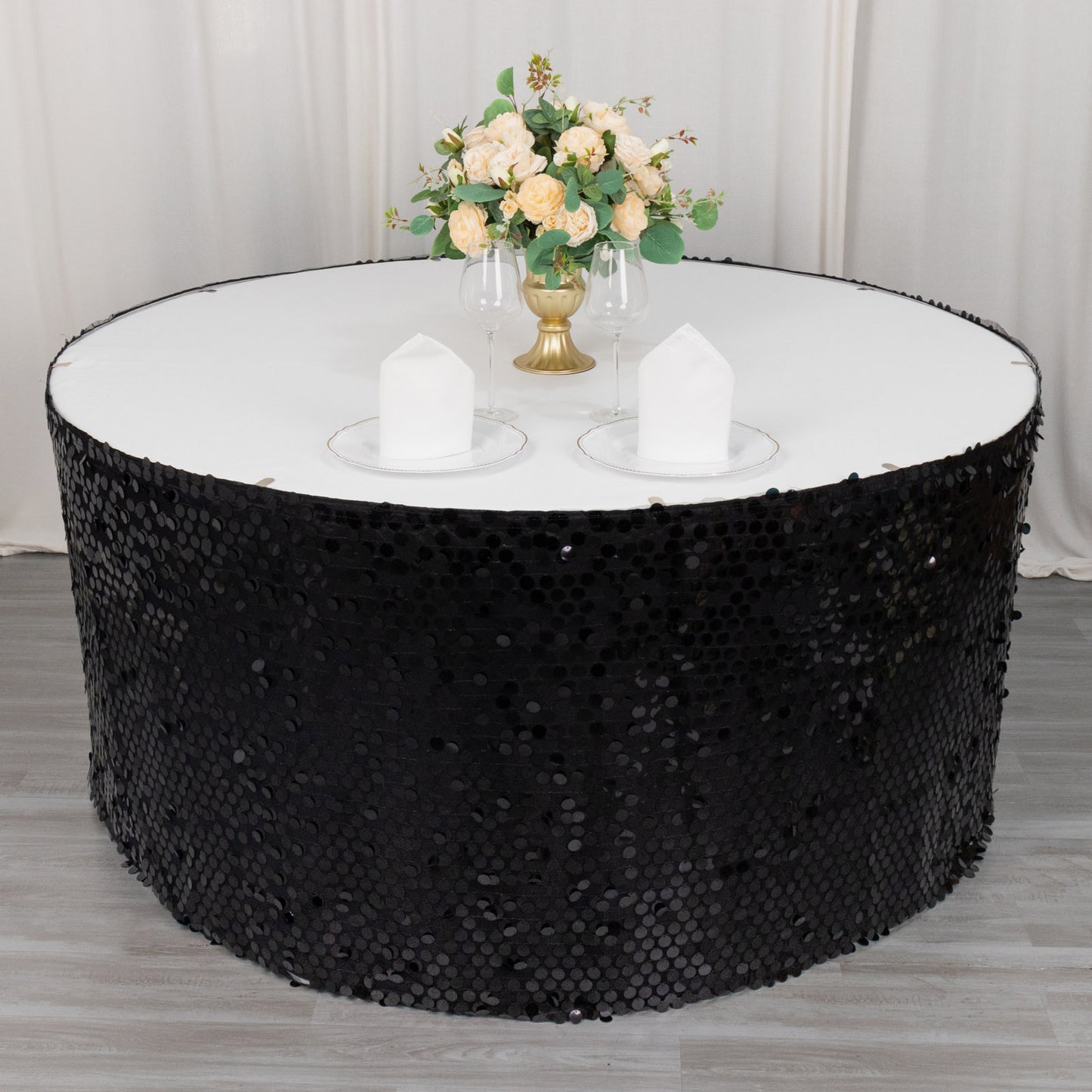 21ft Black Big Payette Sequin Dual Layered Satin Table Skirt