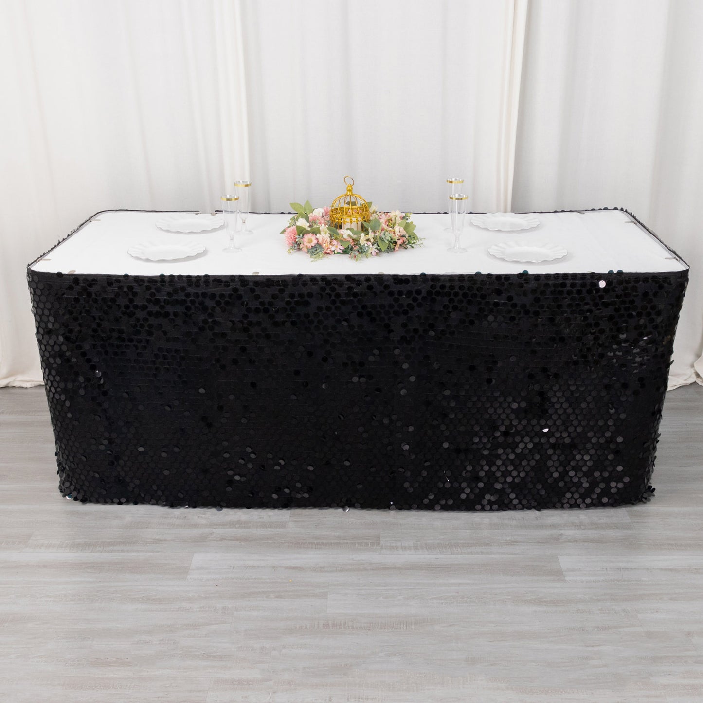 21ft Black Big Payette Sequin Dual Layered Satin Table Skirt