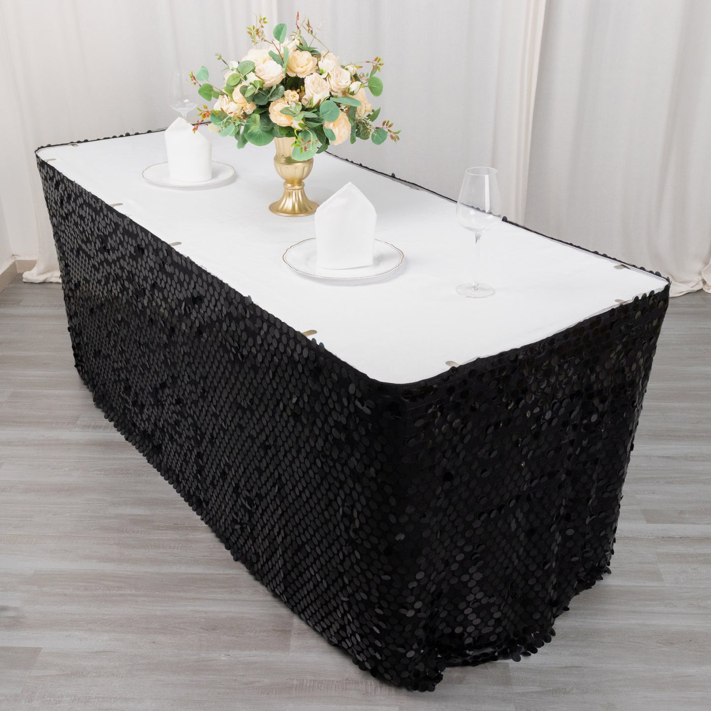 21ft Black Big Payette Sequin Dual Layered Satin Table Skirt