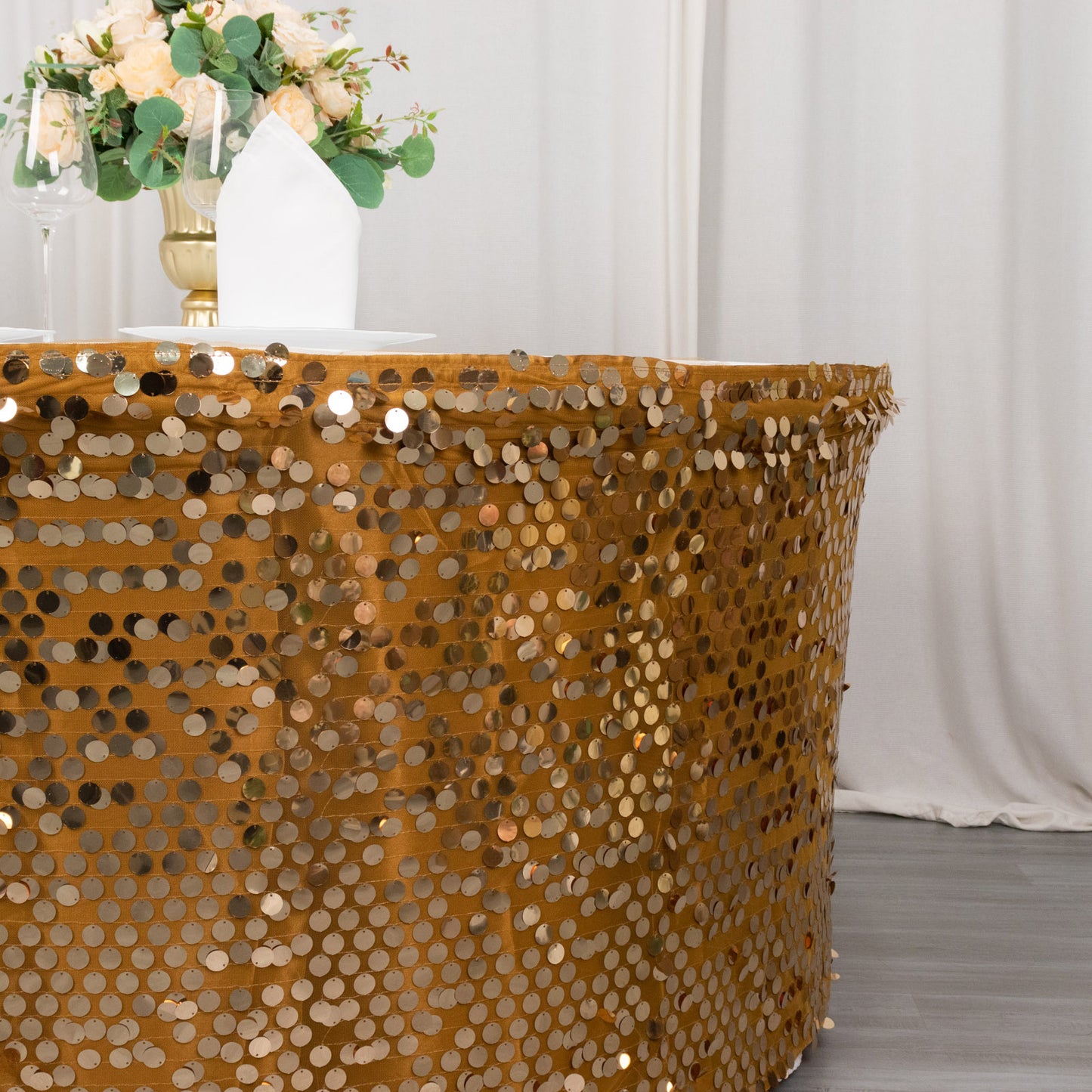 21ft Gold Big Payette Sequin Dual Layered Satin Table Skirt