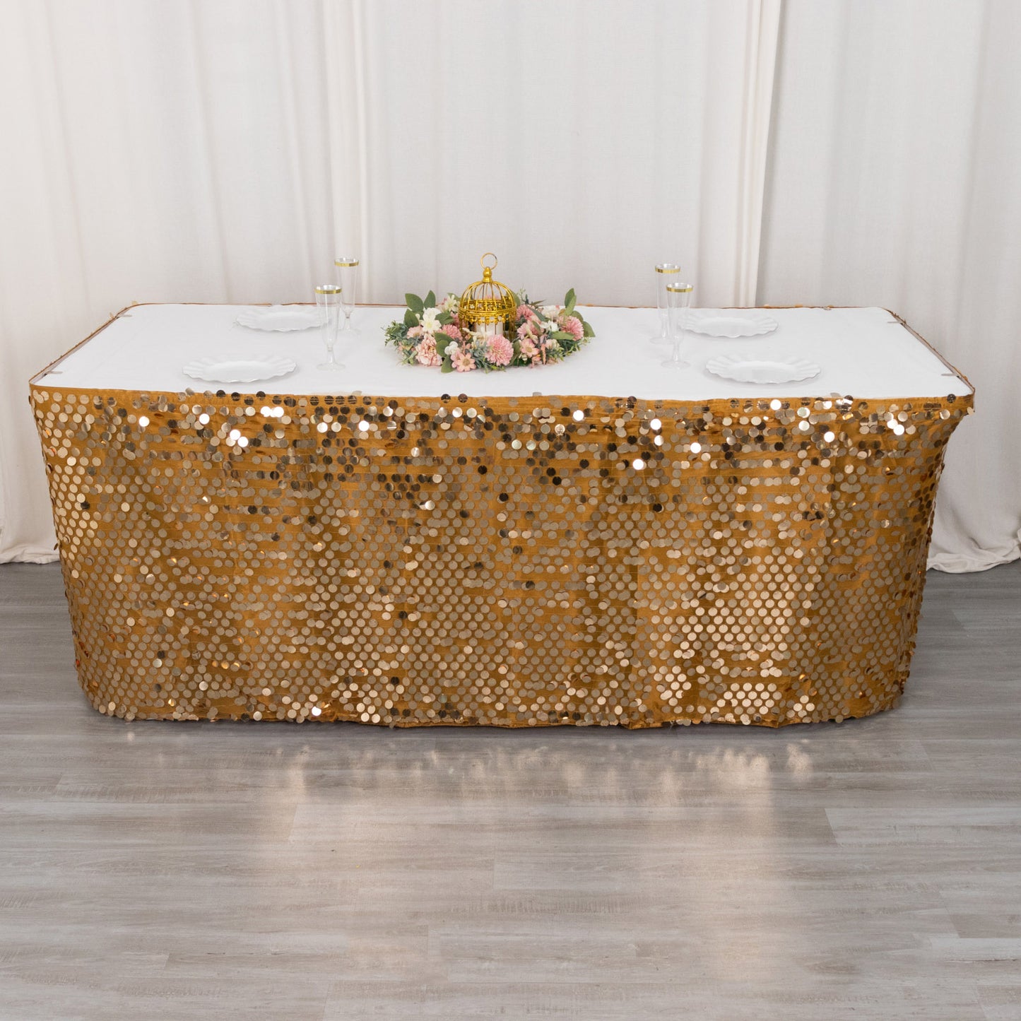 21ft Gold Big Payette Sequin Dual Layered Satin Table Skirt