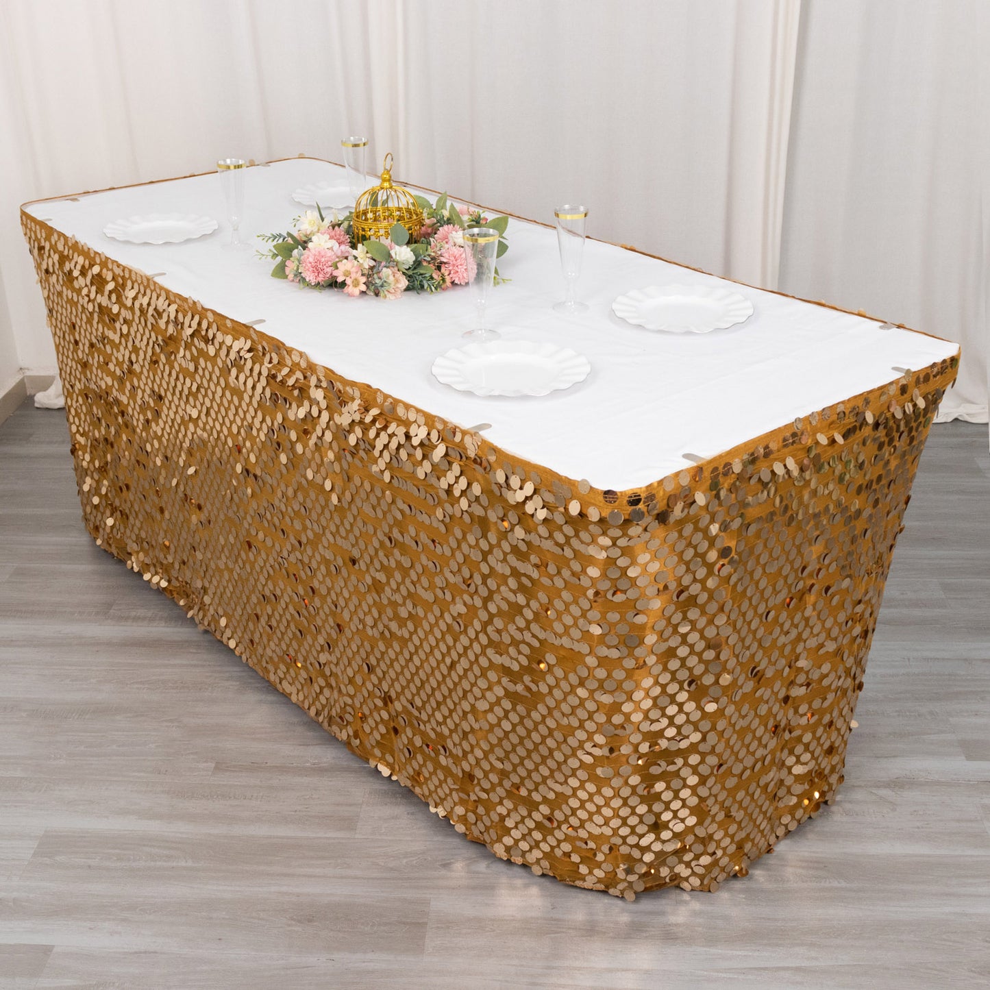 21ft Gold Big Payette Sequin Dual Layered Satin Table Skirt