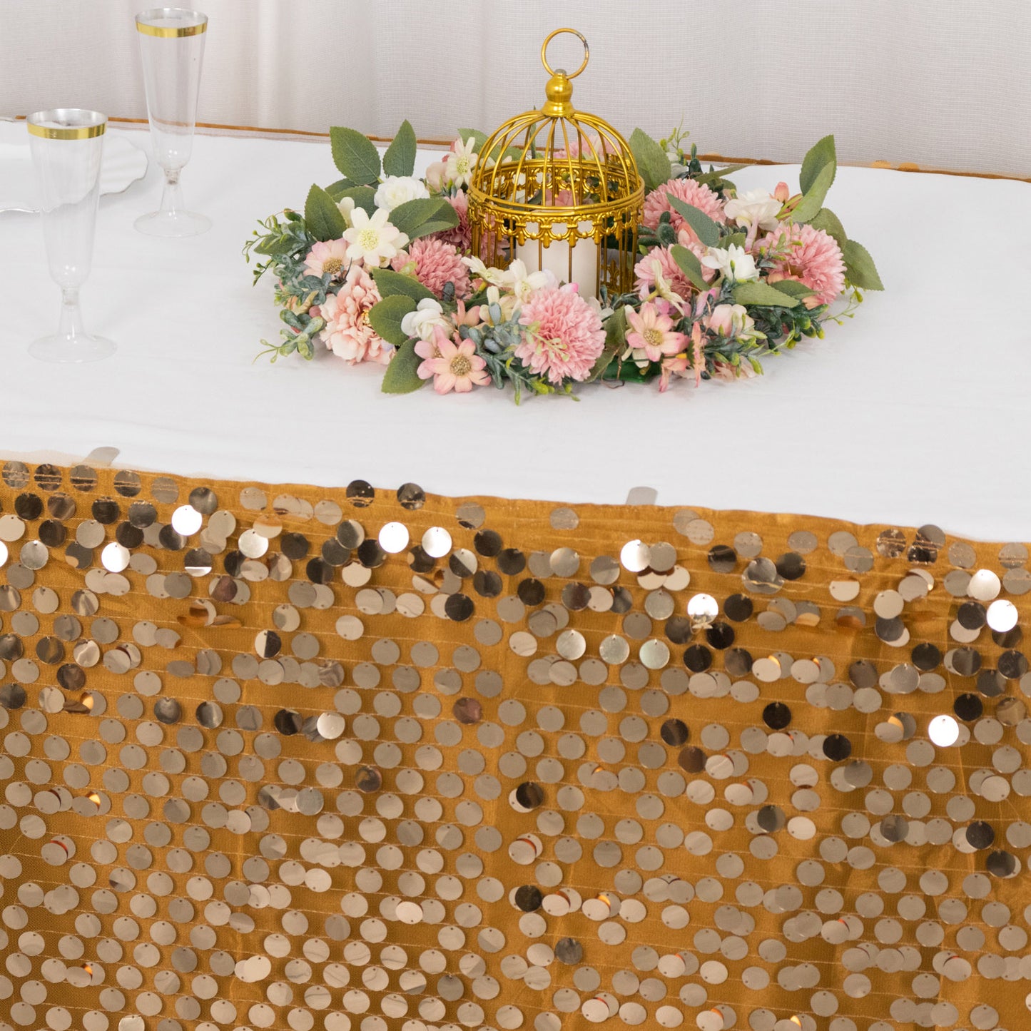 21ft Gold Big Payette Sequin Dual Layered Satin Table Skirt