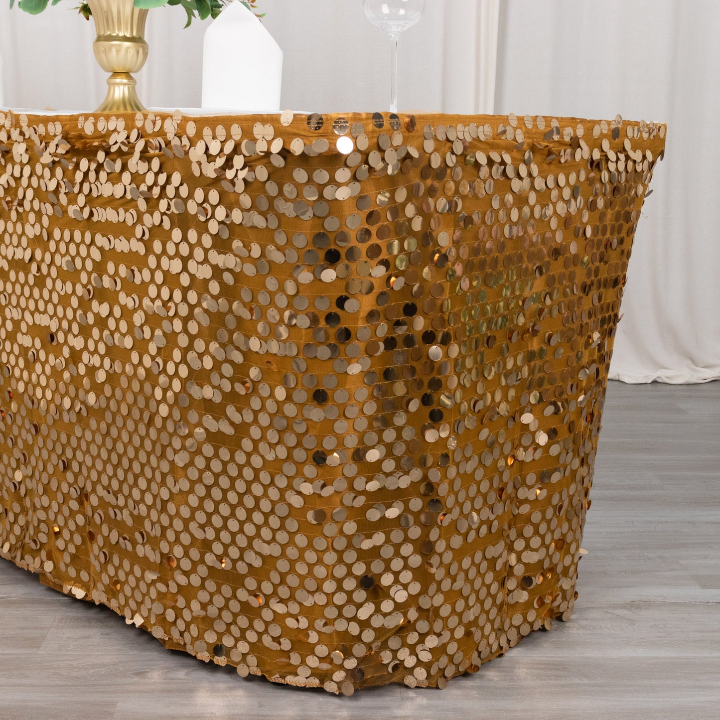 21ft Gold Big Payette Sequin Dual Layered Satin Table Skirt