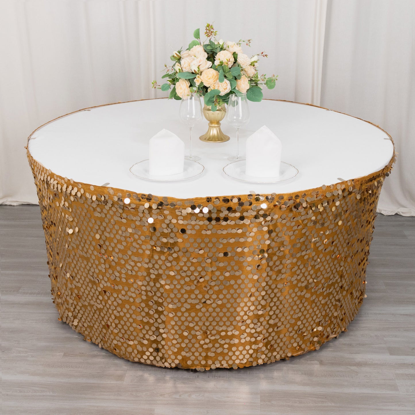 21ft Gold Big Payette Sequin Dual Layered Satin Table Skirt